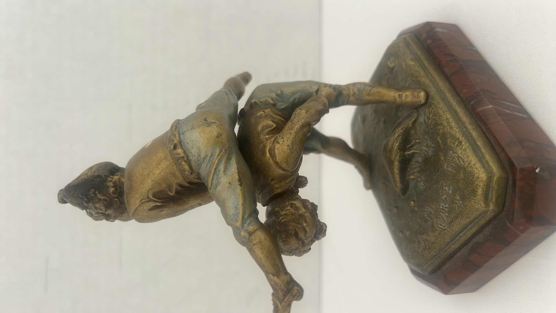 Photo 3 of 2 VINTAGE METAL PIECES- BOY AND GIRL PLAYING SCULPTURE ON MARBLE BASE H5.75” & SMALL CARVED METAL PILL BOX