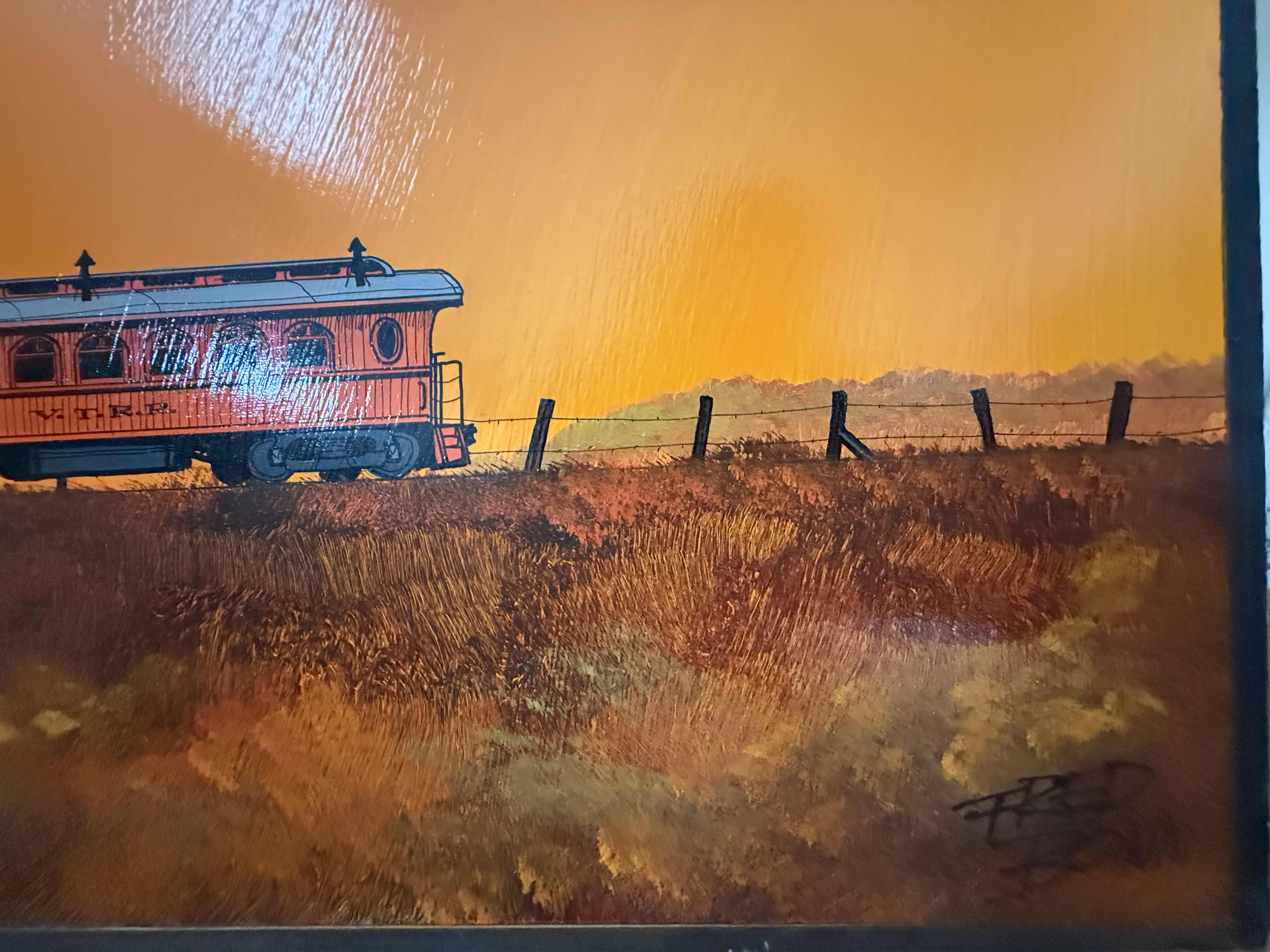 Photo 1 of ARTIST FRED BONN ACRYLIC ON BOARD TRAIN ARTWORK  72” x 12