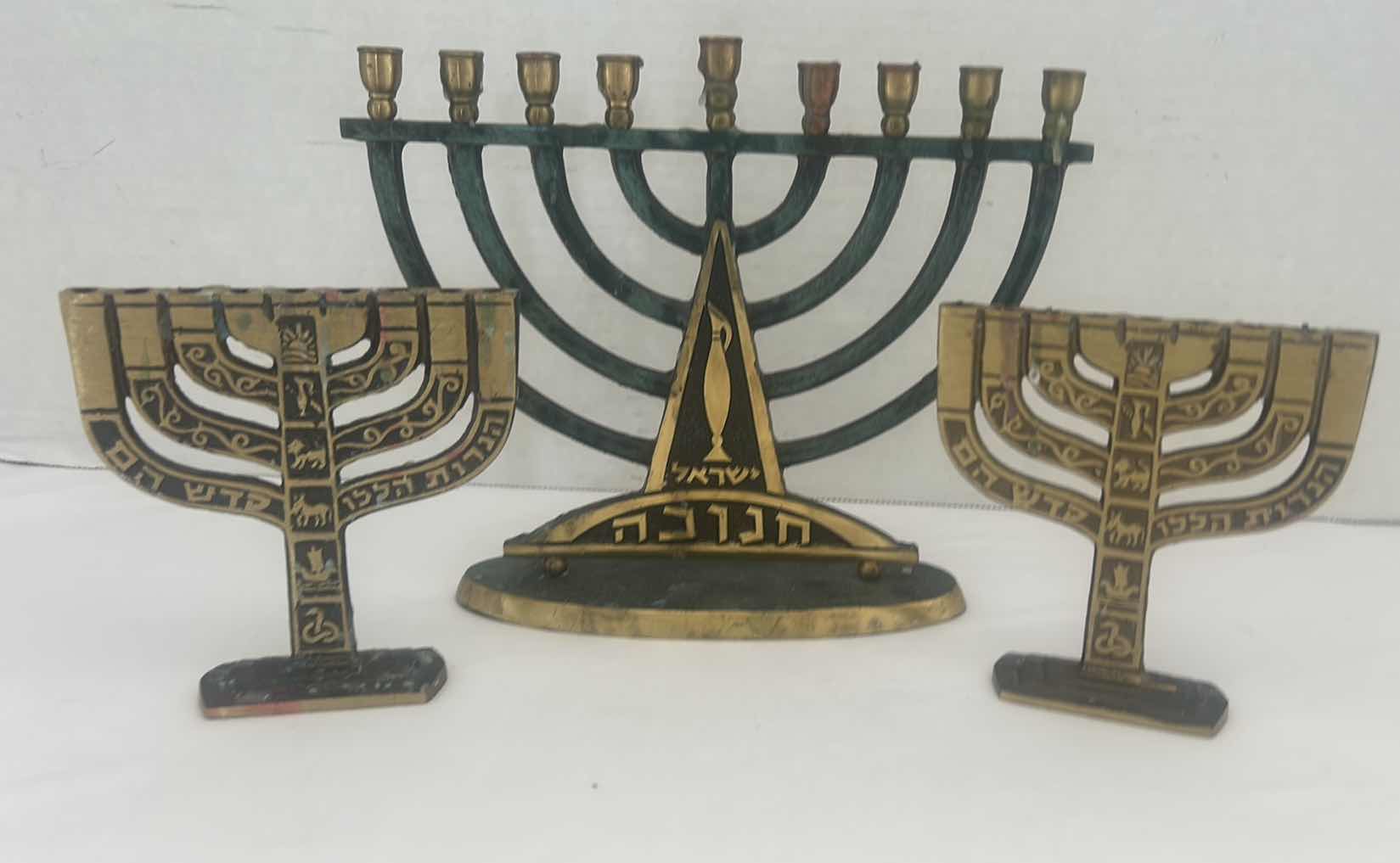 Photo 1 of 3-VINTAGE BRASS MENORAHS (TALLEST H7”)