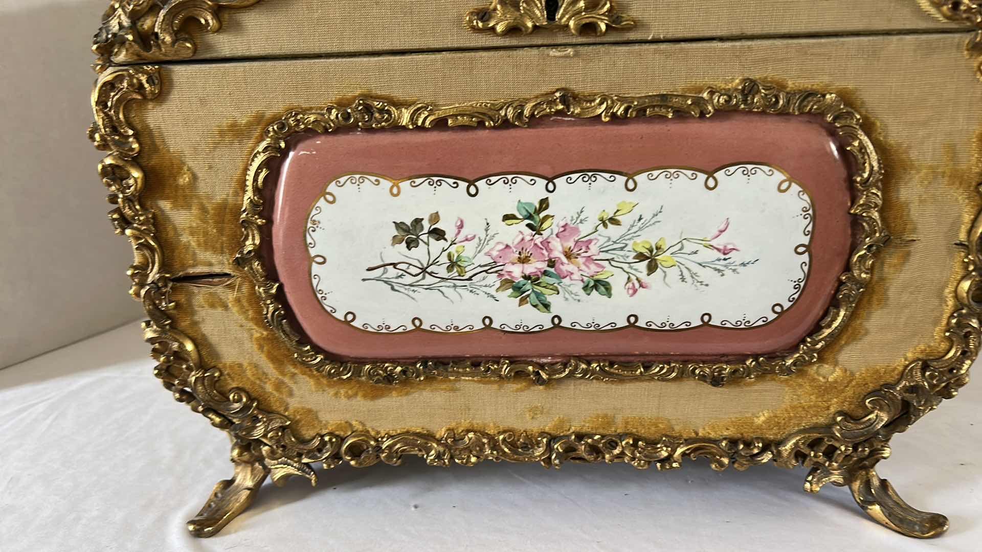 Photo 8 of ANTIQUE GILDED GOLD W FLORAL TRINKET FOOTED JEWELRY BOX 14” x 11” H11”
