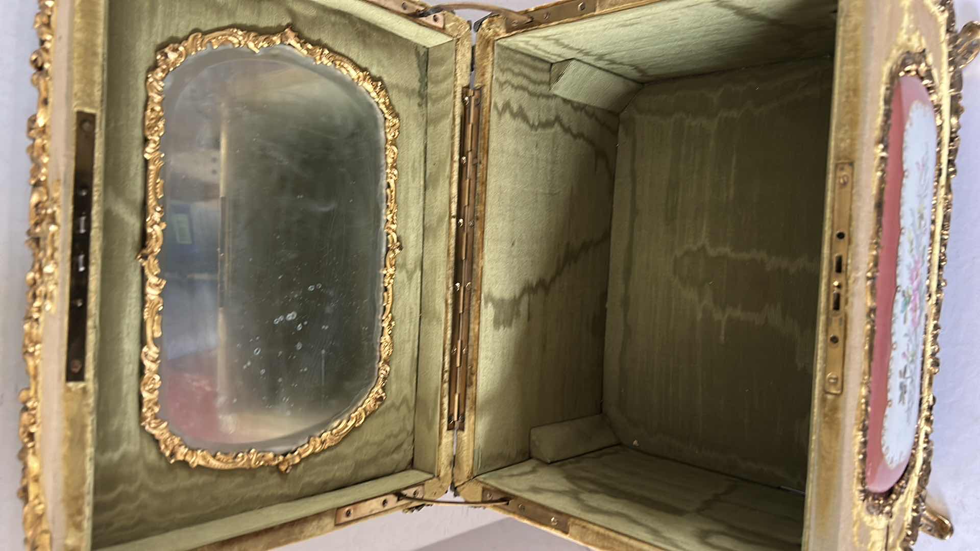 Photo 3 of ANTIQUE GILDED GOLD W FLORAL TRINKET FOOTED JEWELRY BOX 14” x 11” H11”