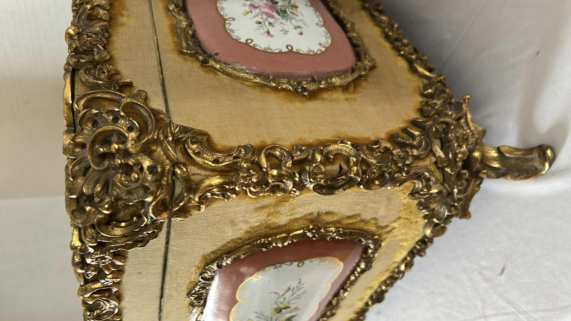 Photo 1 of ANTIQUE GILDED GOLD W FLORAL TRINKET FOOTED JEWELRY BOX 14” x 11” H11”