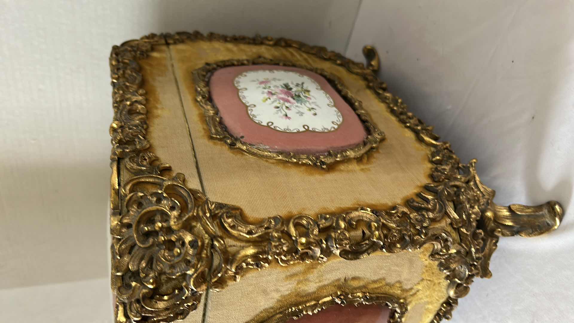 Photo 5 of ANTIQUE GILDED GOLD W FLORAL TRINKET FOOTED JEWELRY BOX 14” x 11” H11”