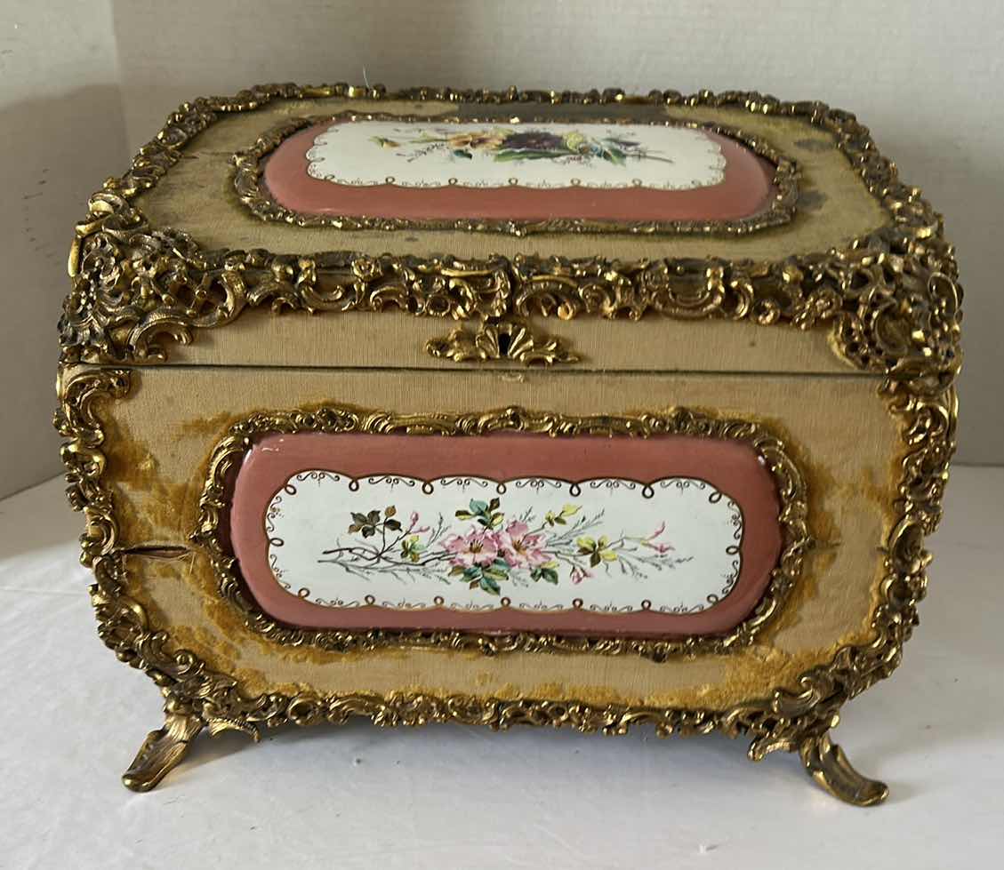 Photo 2 of ANTIQUE GILDED GOLD W FLORAL TRINKET FOOTED JEWELRY BOX 14” x 11” H11”