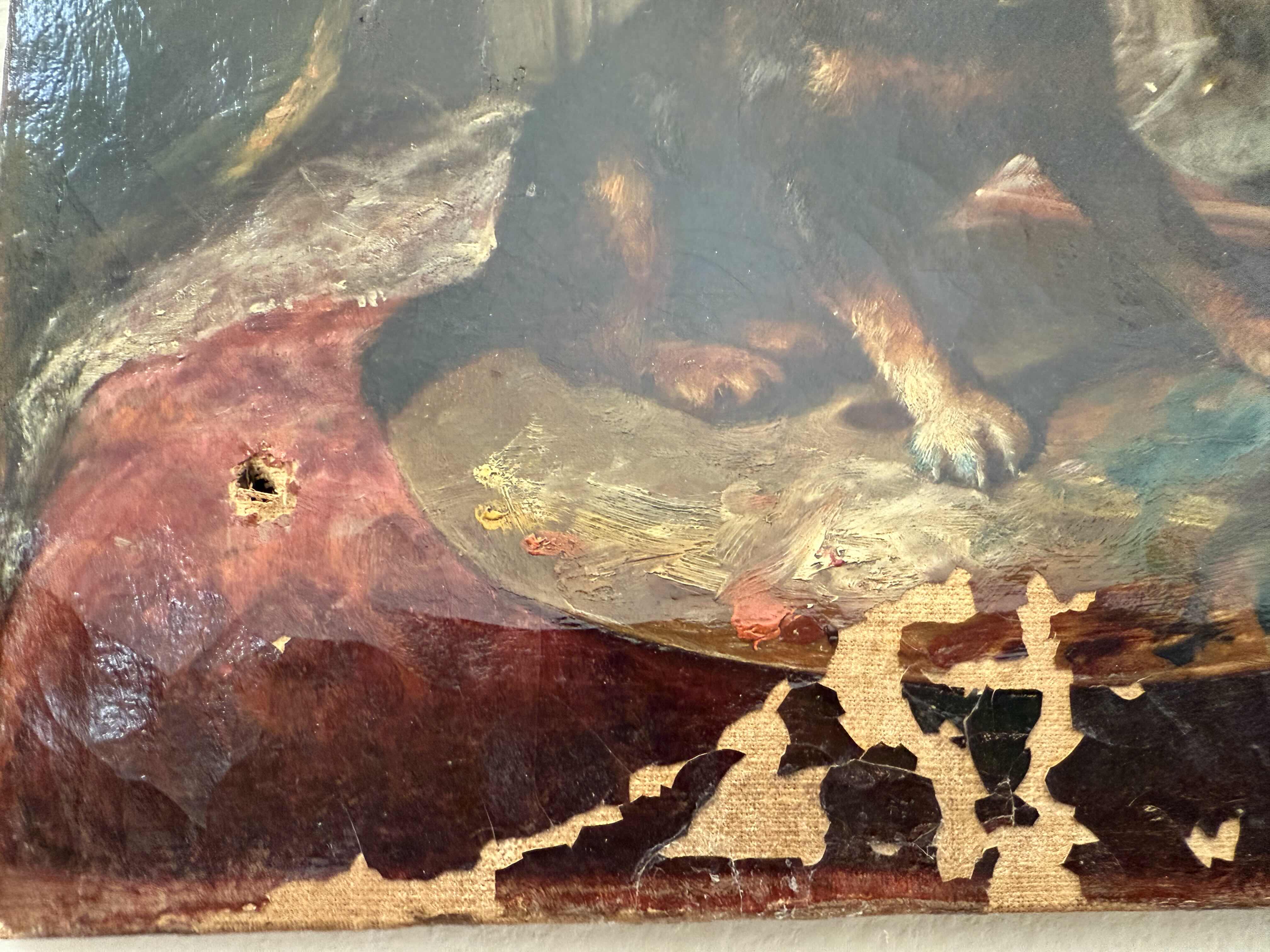 Photo 4 of ANTIQUE UNFRAMED DOG & CAT ON PAINT TABLE, SIGNED CANVAS ARTWORK  3” x 11”