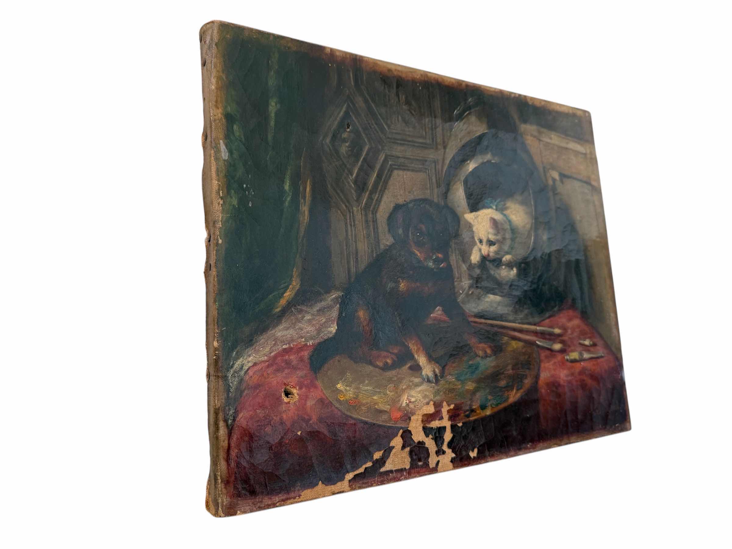 Photo 1 of ANTIQUE UNFRAMED DOG & CAT ON PAINT TABLE, SIGNED CANVAS ARTWORK  3” x 11”