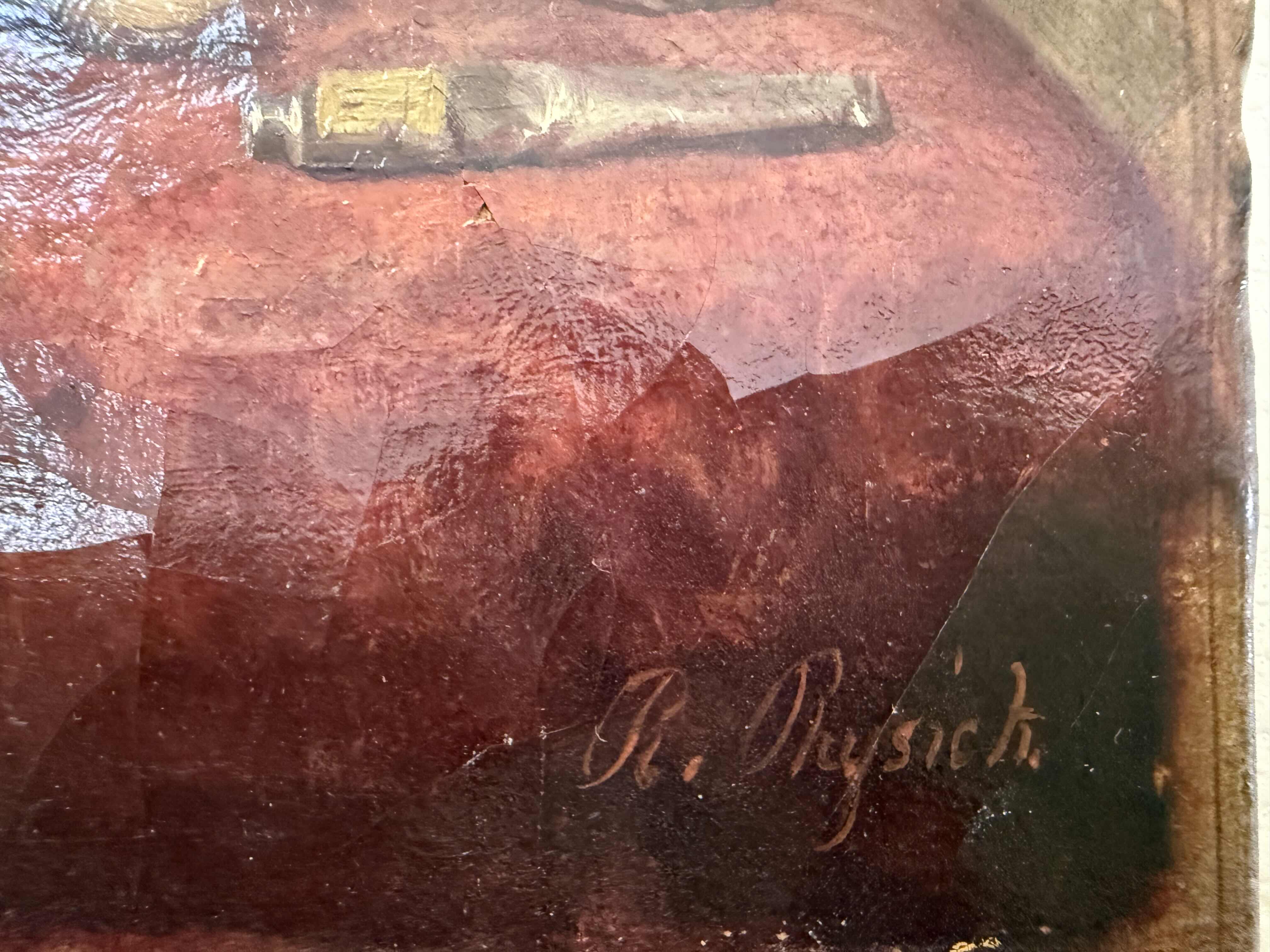 Photo 3 of ANTIQUE UNFRAMED DOG & CAT ON PAINT TABLE, SIGNED CANVAS ARTWORK  3” x 11”