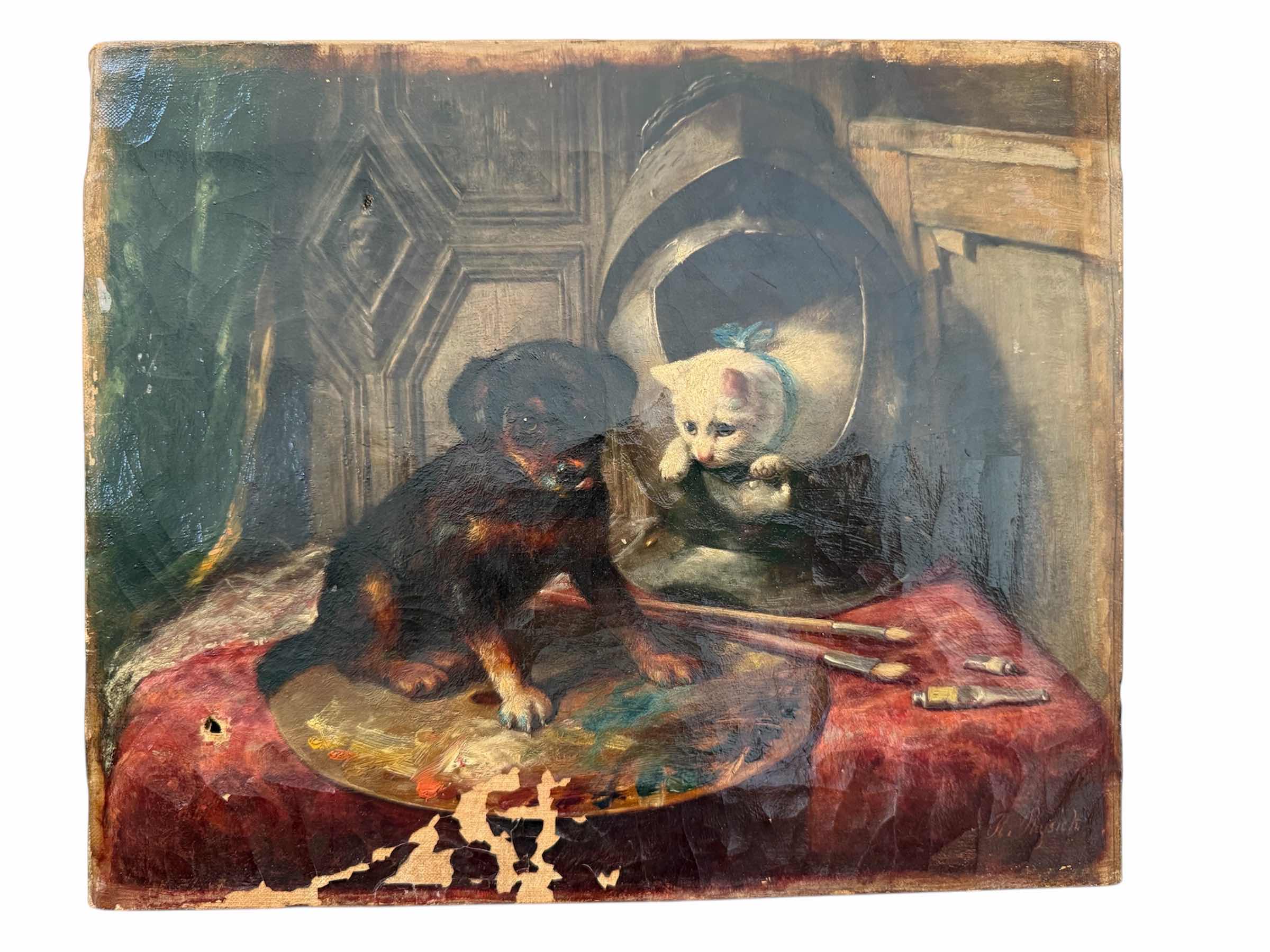 Photo 1 of ANTIQUE UNFRAMED DOG & CAT ON PAINT TABLE, SIGNED CANVAS ARTWORK  3” x 11”