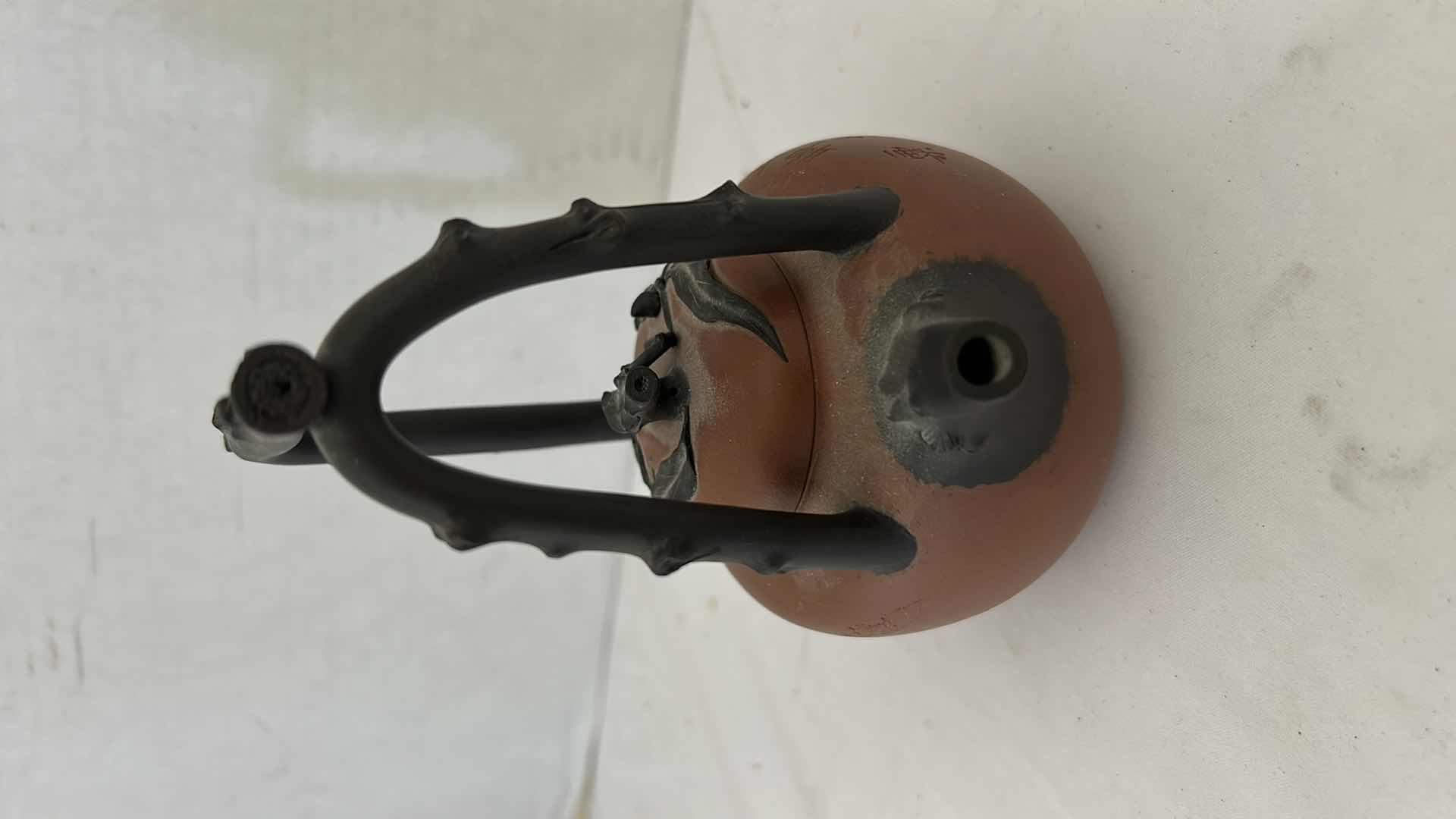 Photo 1 of ANTIQUE YIXING ZISHA TEAPOT, DATING BACK TO THE QING DYNASTY (The text on the teapot translates to "Invite friends over" ) H5.75”