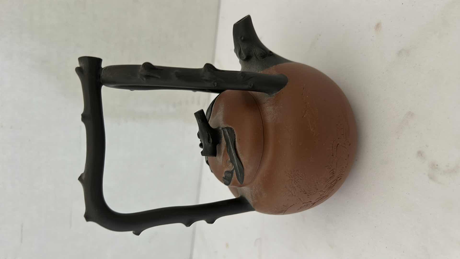 Photo 1 of ANTIQUE YIXING ZISHA TEAPOT, DATING BACK TO THE QING DYNASTY (The text on the teapot translates to "Invite friends over" ) H5.75”