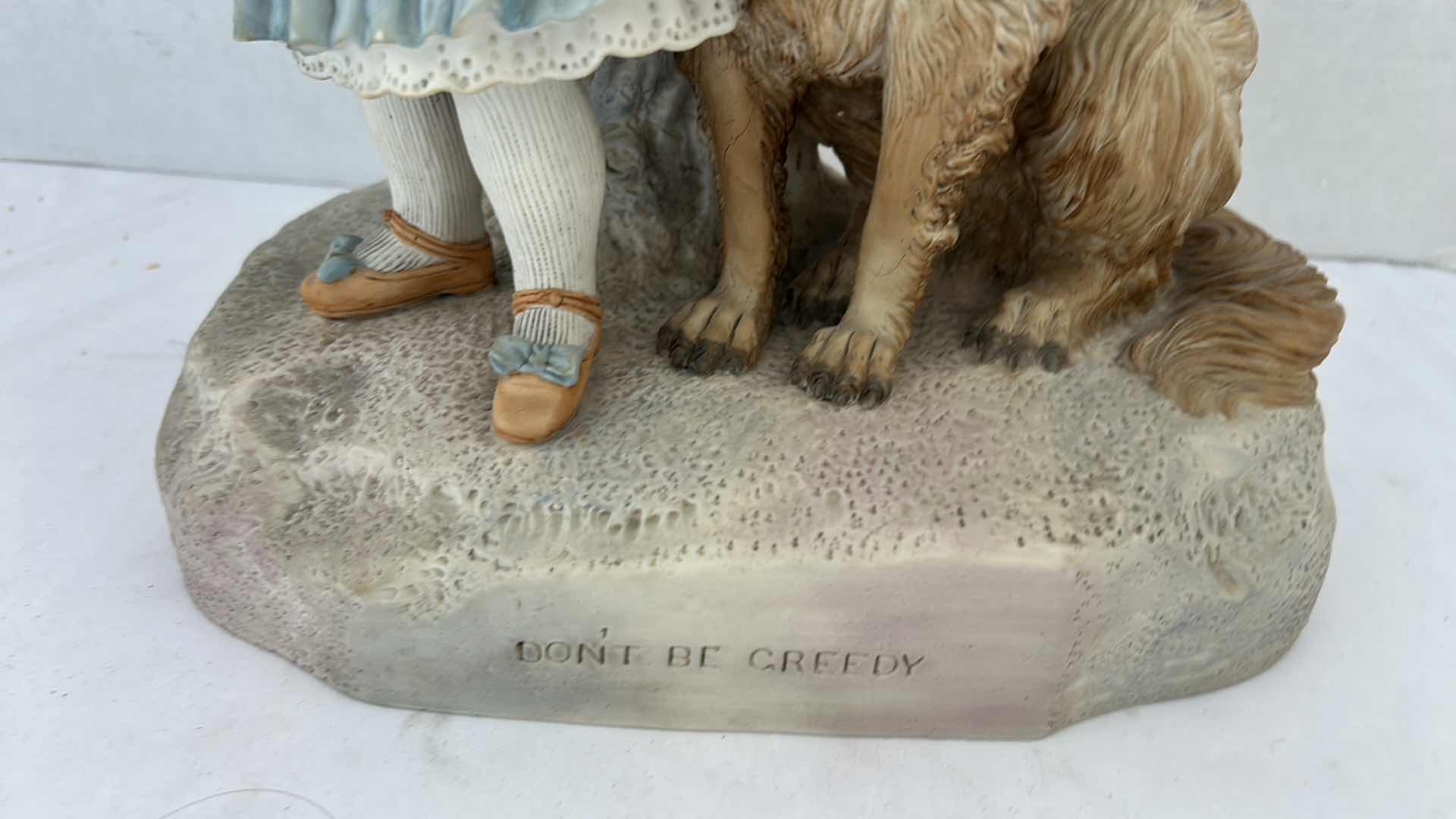 Photo 1 of ANTIQUE ROBINSON LEADBEATER PARIAN “DON’T BE GREEDY” STATUE H12.5”