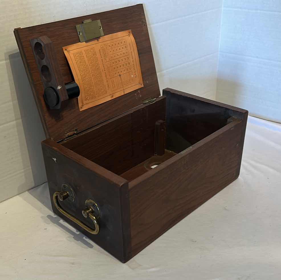 Photo 1 of ANTIQUE WOOD BOX FROM ENGLAND CIRCA 1900 MICROSCOPE CRATE W ONE LENS  H12.5”