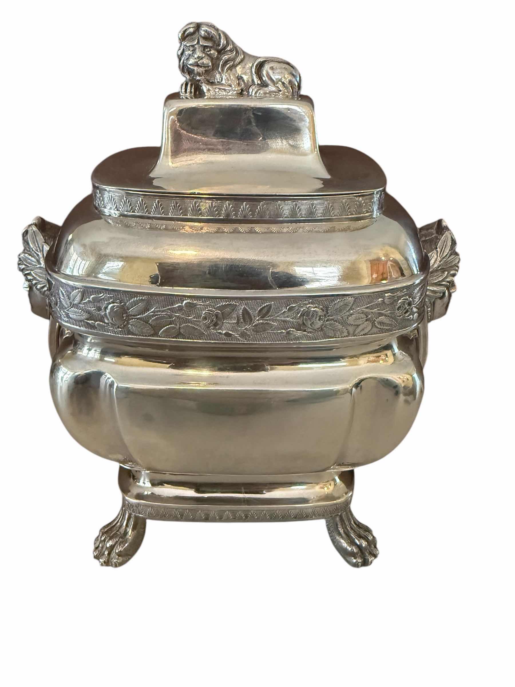 Photo 2 of ANTIQUE 1815 COIN SILVER LION FINIAL LID SUGAR BOWL W7” H8”-TOTAL WEIGHT 2.0lbs