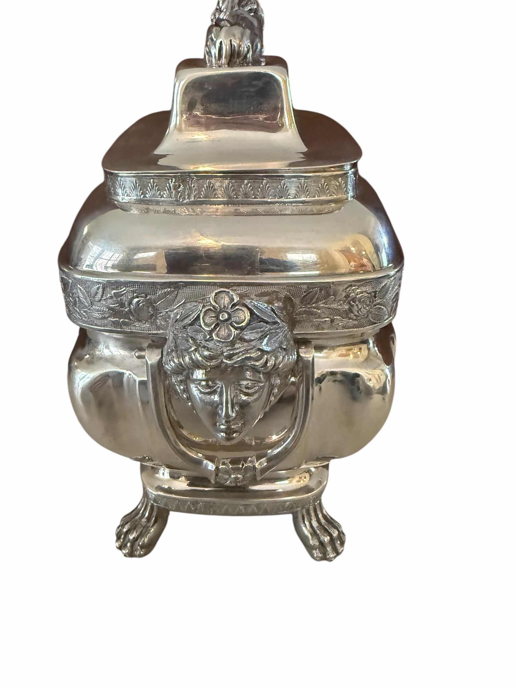 Photo 1 of ANTIQUE 1815 COIN SILVER LION FINIAL LID SUGAR BOWL W7” H8”-TOTAL WEIGHT 2.0lbs