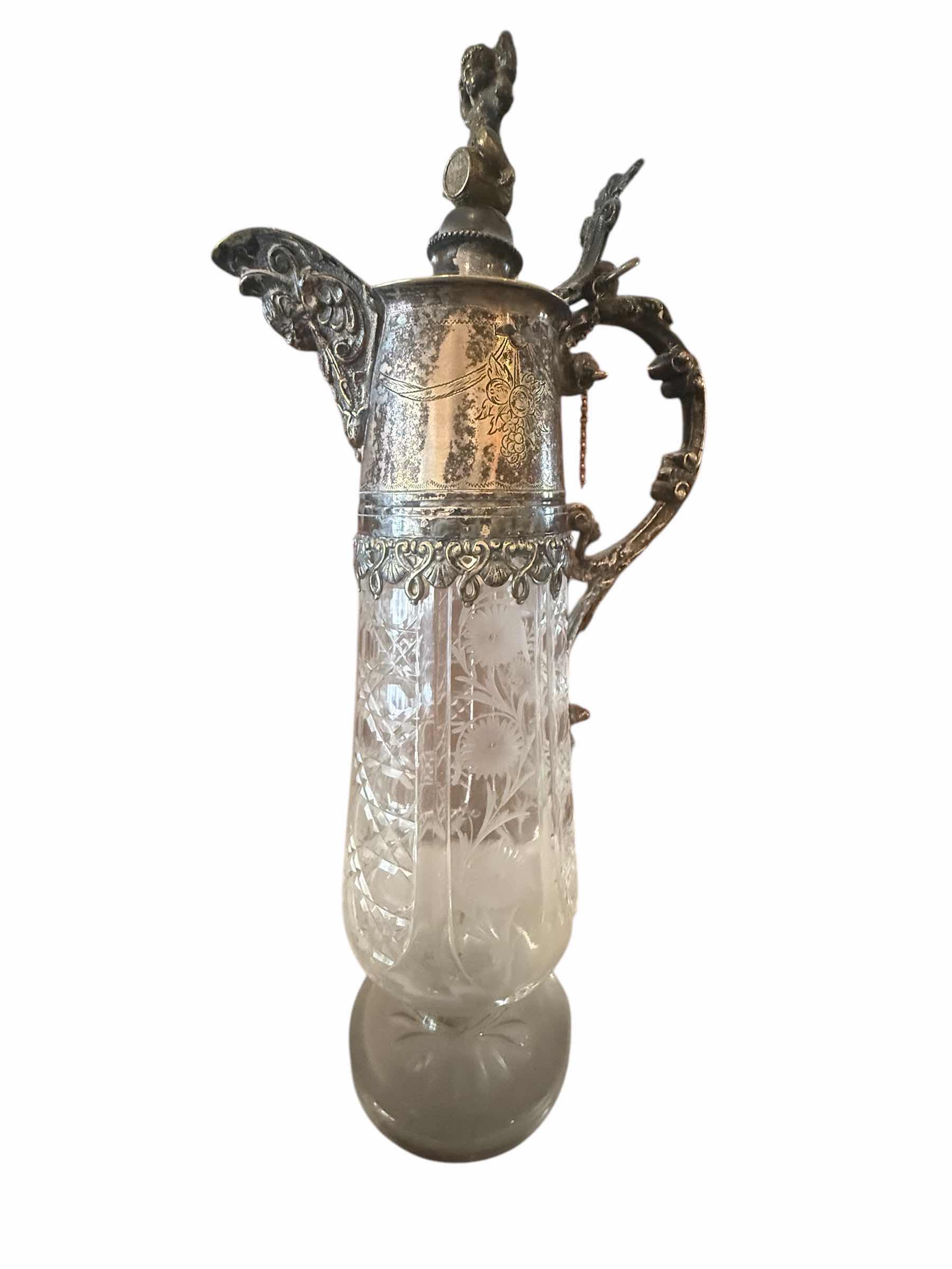 Photo 1 of ANTIQUE RARE 19th CENTURY SILVER PLATED CUT CRYSTAL CLARET JUG W7” H14”