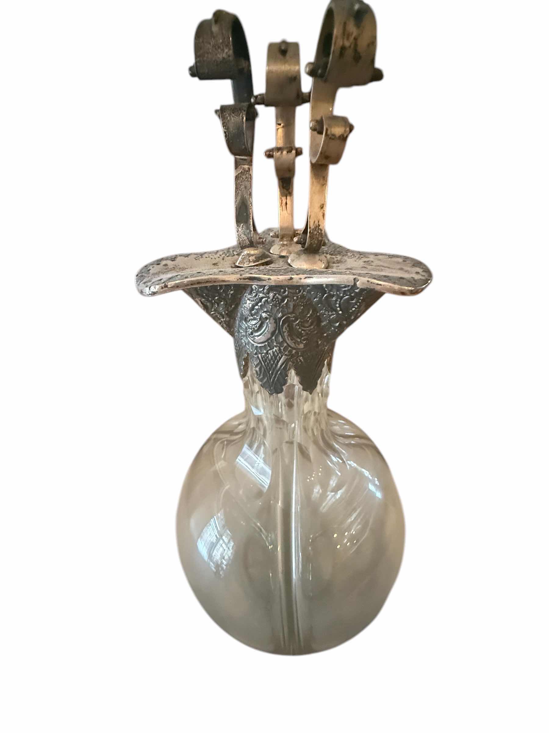 Photo 2 of RARE ANTIQUE SILVER PLATED CUT GLASS 3 POINT DECANTER W8” H 14”