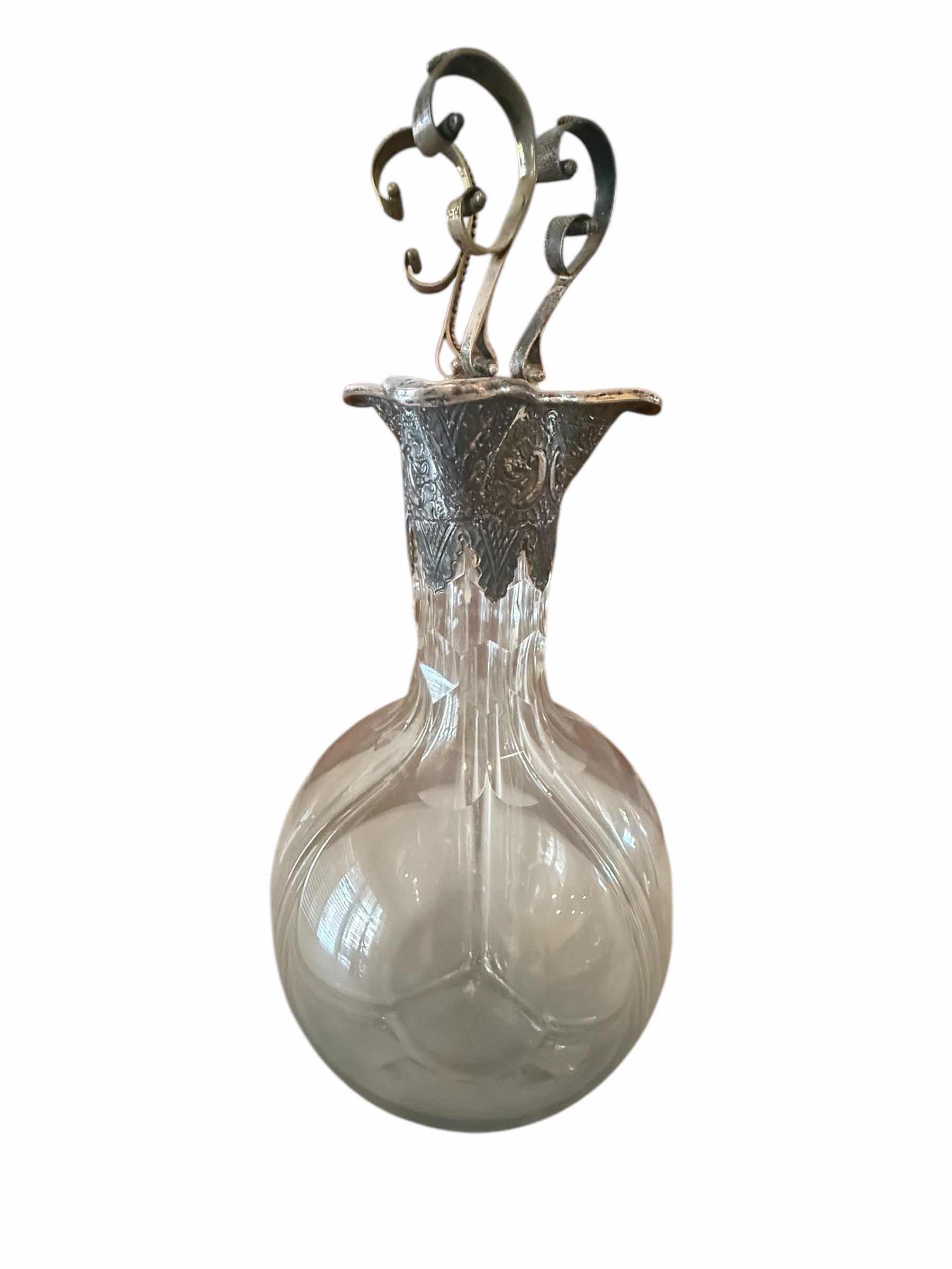 Photo 1 of RARE ANTIQUE SILVER PLATED CUT GLASS 3 POINT DECANTER W8” H 14”