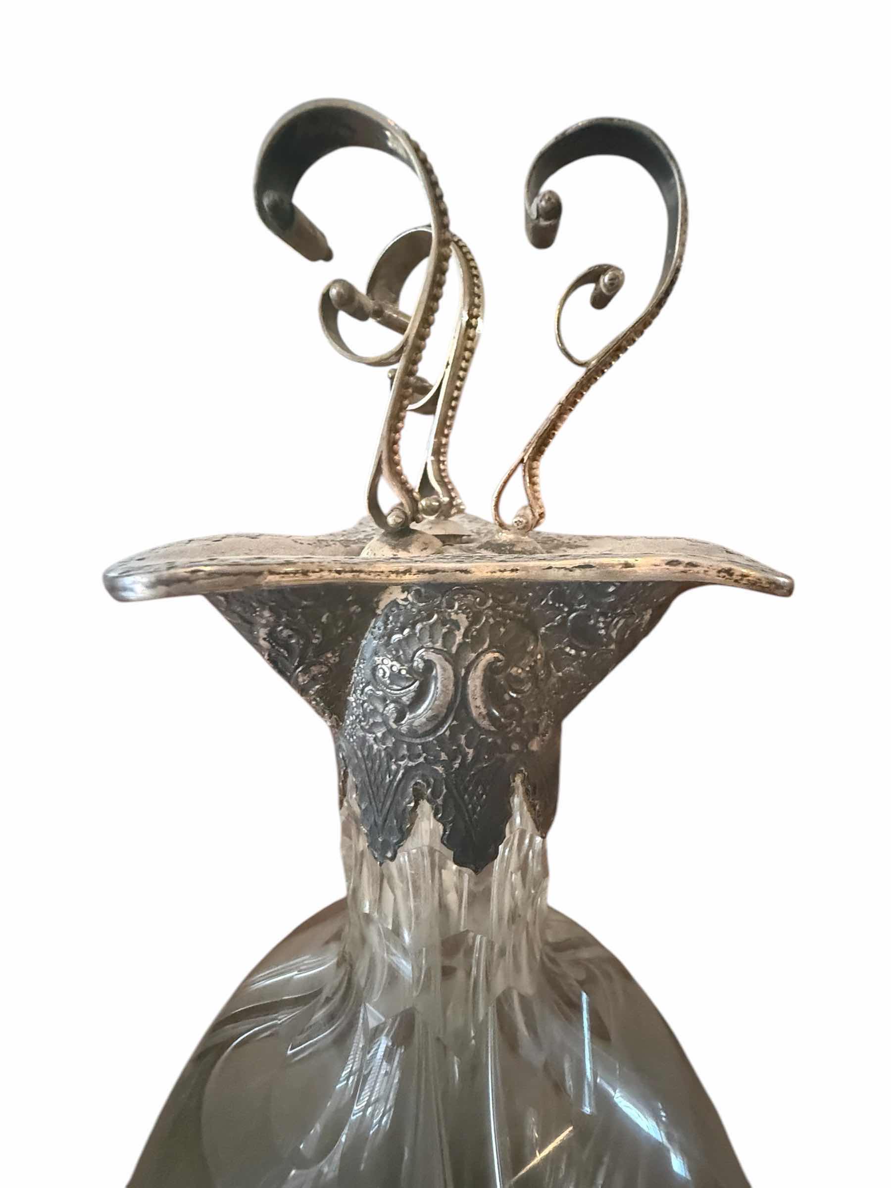 Photo 4 of RARE ANTIQUE SILVER PLATED CUT GLASS 3 POINT DECANTER W8” H 14”