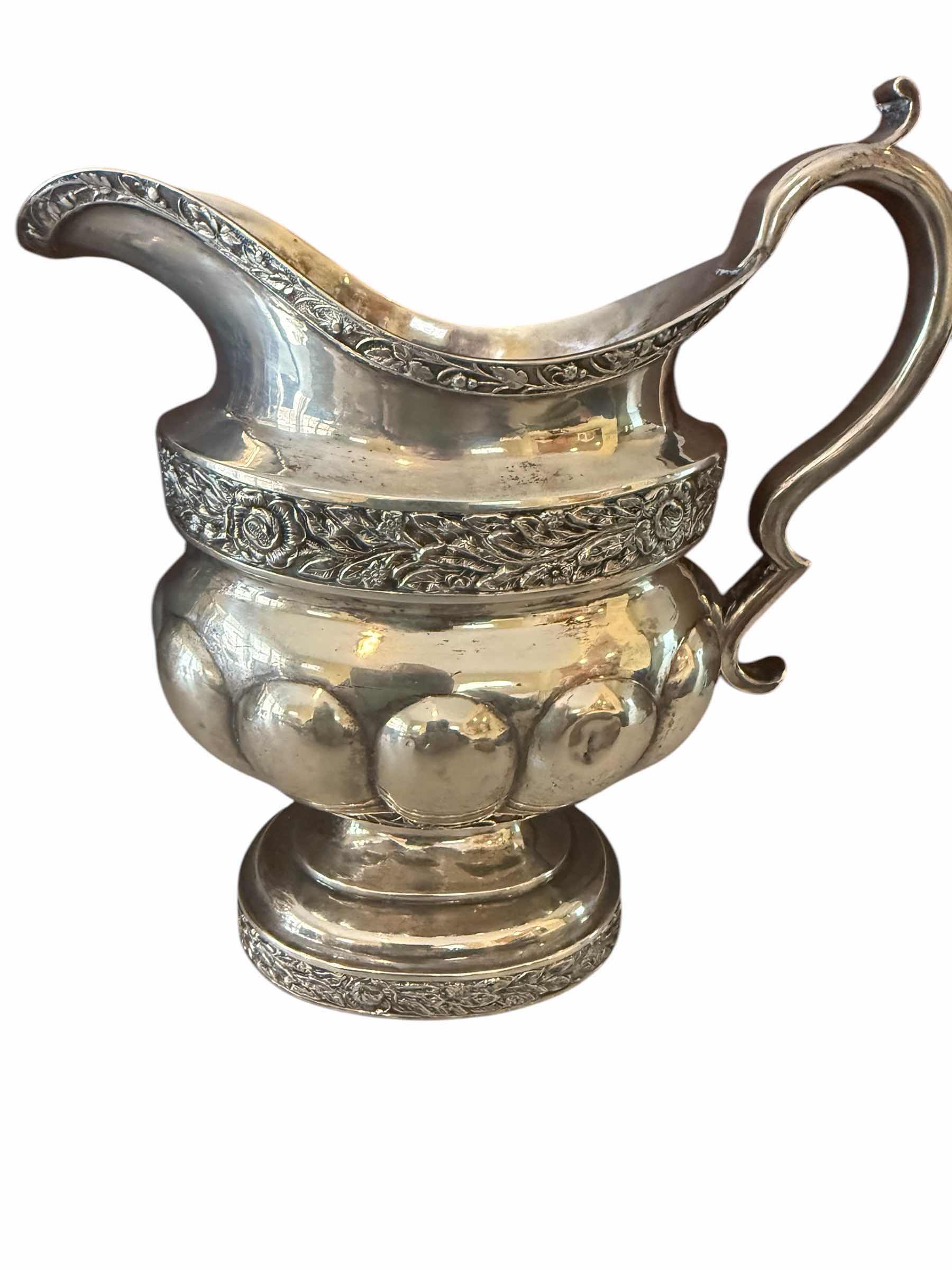 Photo 1 of ANTIQUE J.CRAWFORD COIN SILVER CREAMER JUG W8” H7”-TOTAL WEIGHT 1.0 lbs