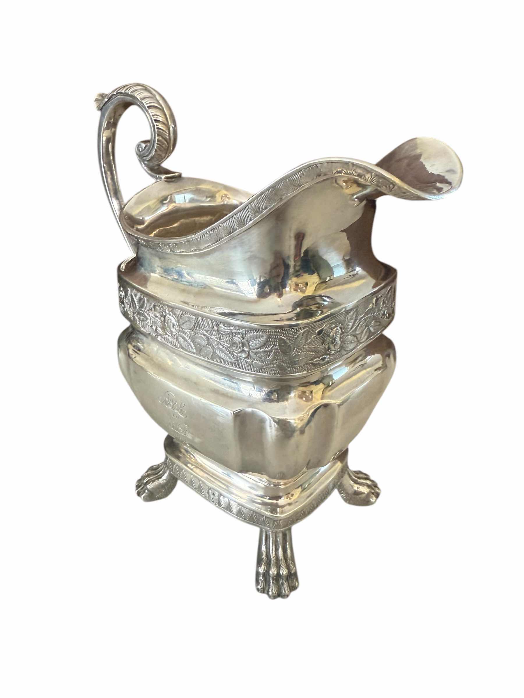 Photo 1 of ANTIQUE HARVEY LEWIS 1863 COIN SILVER CREAMER JUG W6” H6.5”-TOTAL WEIGHT 0.9lbs