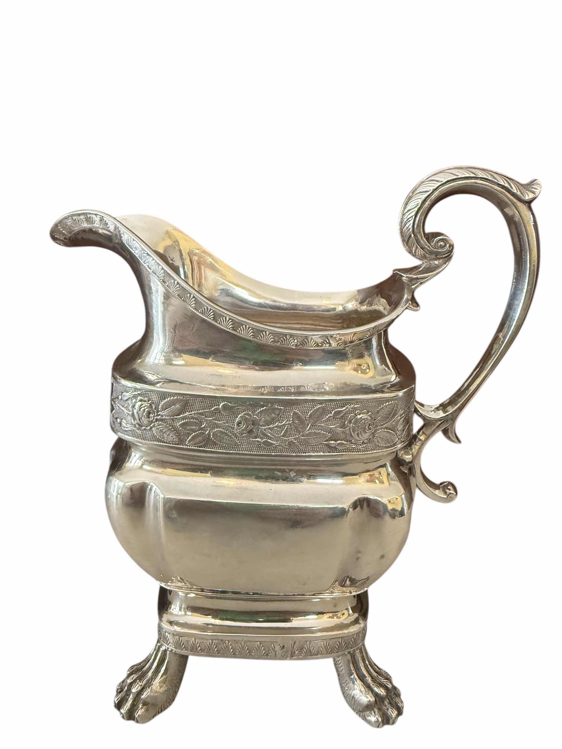 Photo 1 of ANTIQUE HARVEY LEWIS 1863 COIN SILVER CREAMER JUG W6” H6.5”-TOTAL WEIGHT 0.9lbs