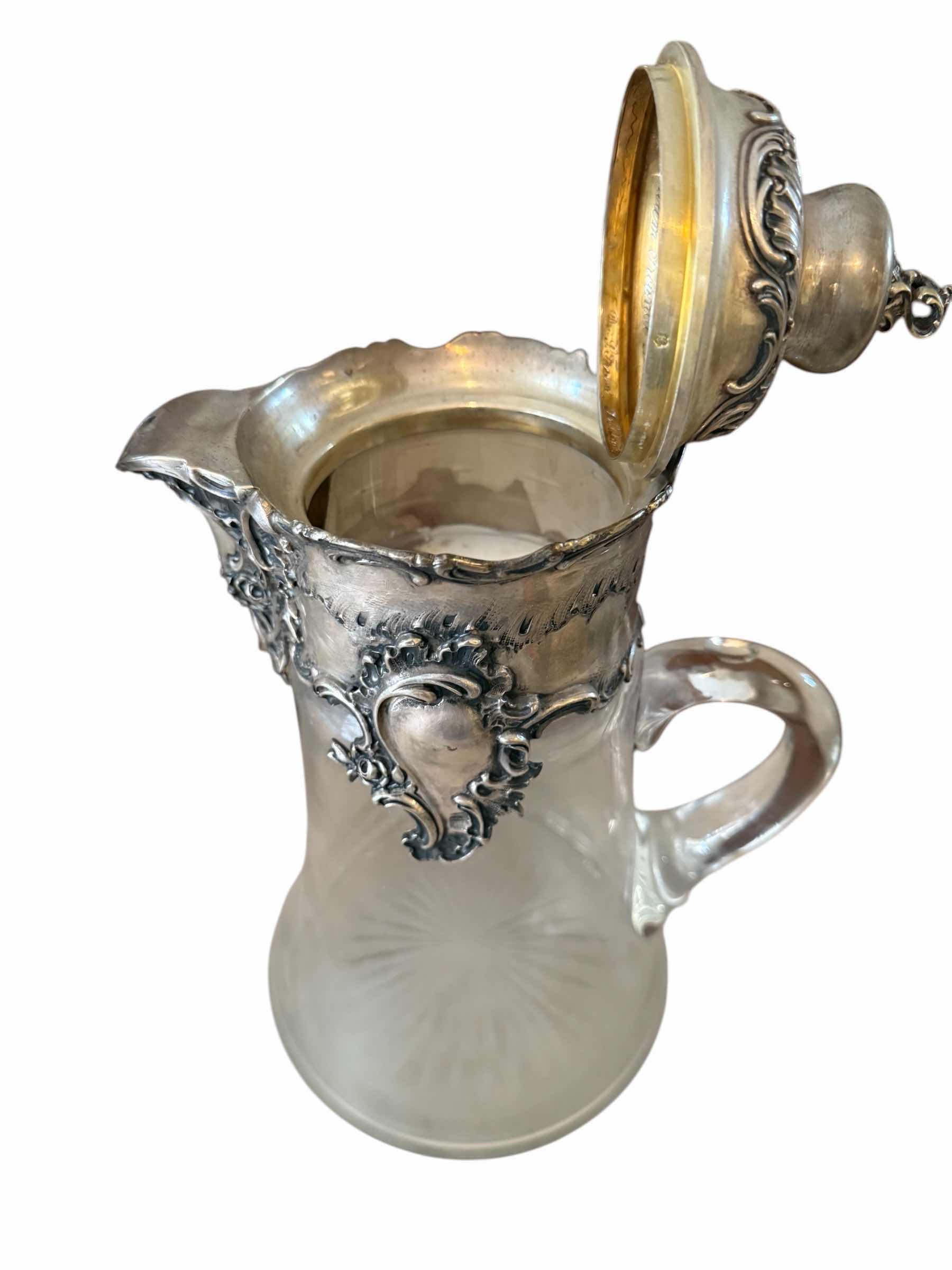 Photo 1 of ANTIQUE 19th CENTURY SILVER PLATED GLASS CARAFE W8” H 13” CIRCA 1800