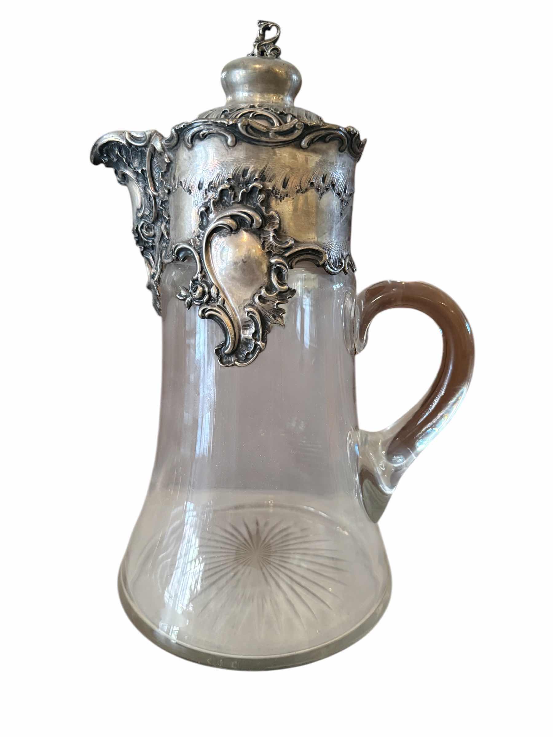 Photo 1 of ANTIQUE 19th CENTURY SILVER PLATED GLASS CARAFE W8” H 13” CIRCA 1800