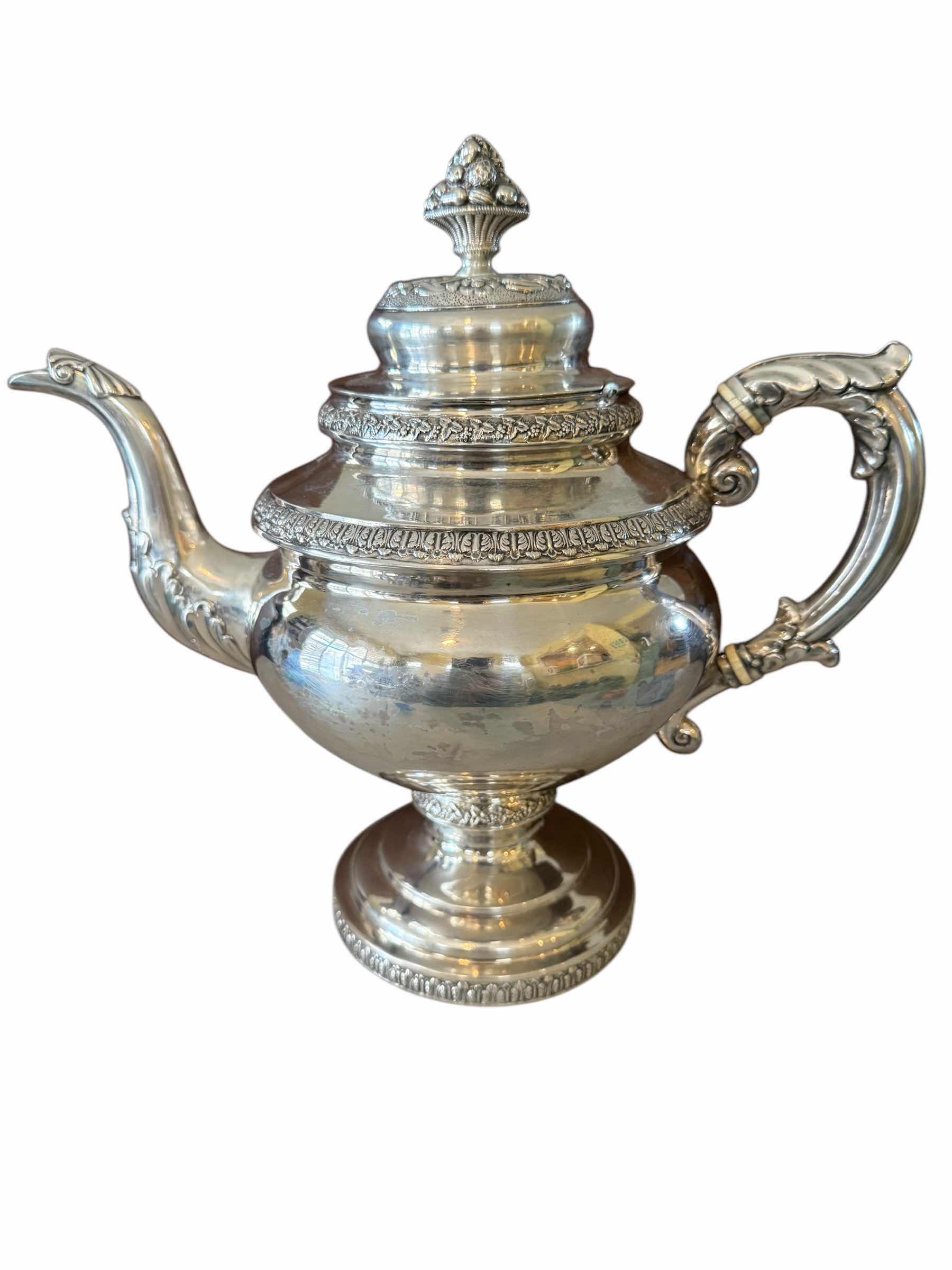 Photo 1 of ANTIQUE 1826 COIN SILVER TEAPOT/COFFEE POT H11” W12”-TOTAL WEIGHT 2.3 lbs