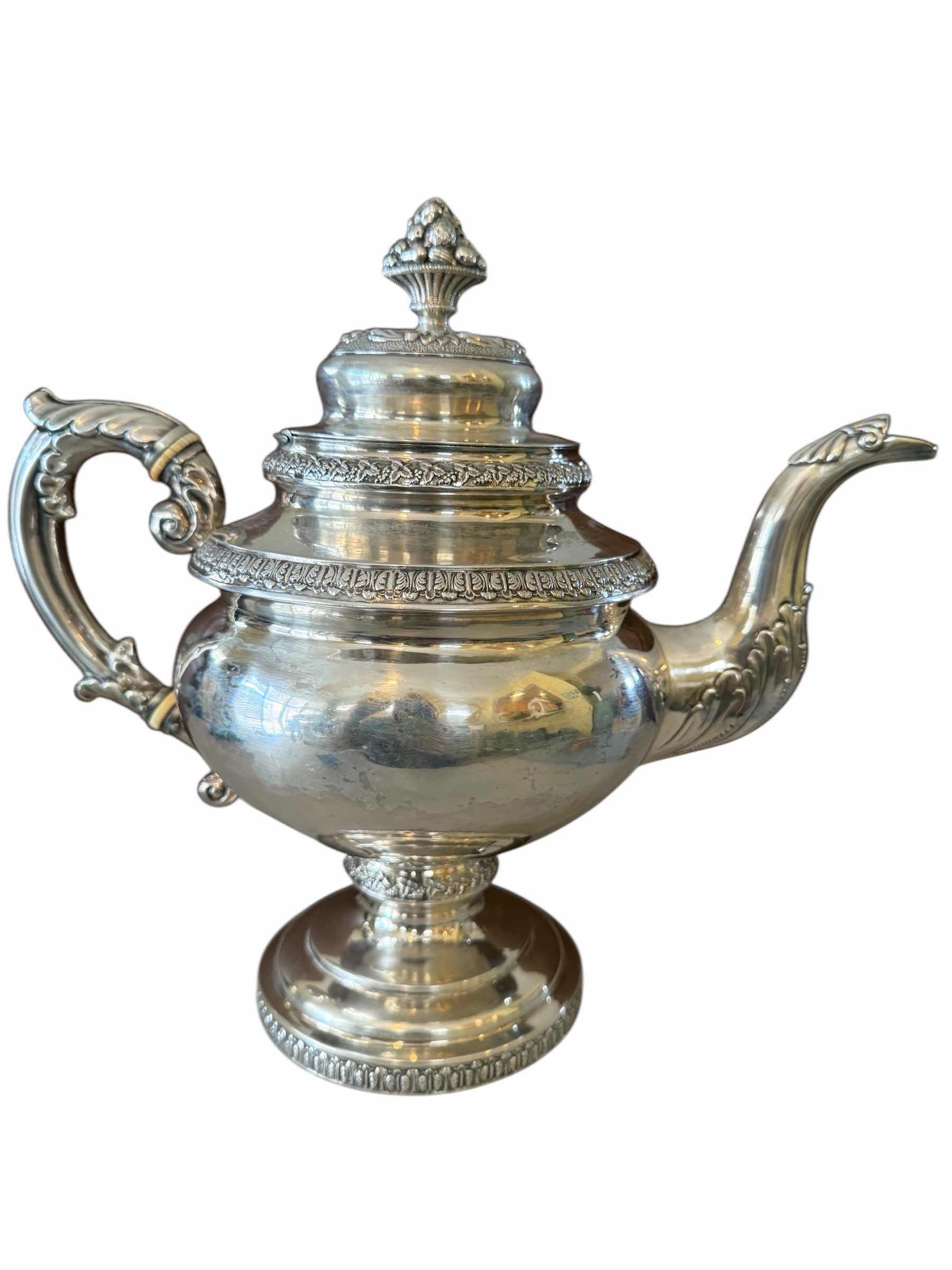 Photo 1 of ANTIQUE 1826 COIN SILVER TEAPOT/COFFEE POT H11” W12”-TOTAL WEIGHT 2.3 lbs