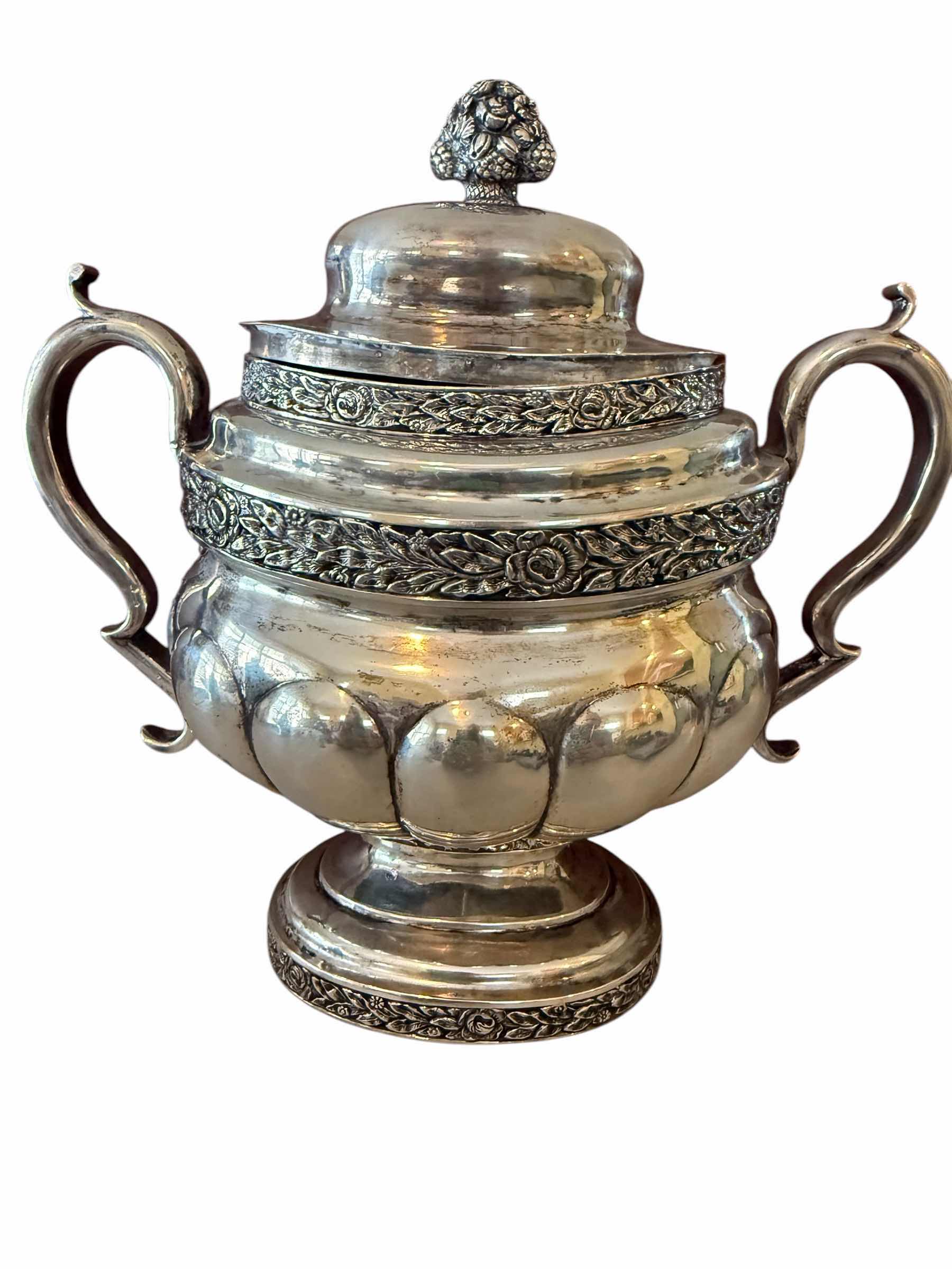 Photo 1 of ANTIQUE J. CRAWFORD COIN SILVER CIRCA 1825 "Sheaf of Wheat" SUGAR BOWL  H10” x 9” -TOTAL WEIGHT 1.8 lbs