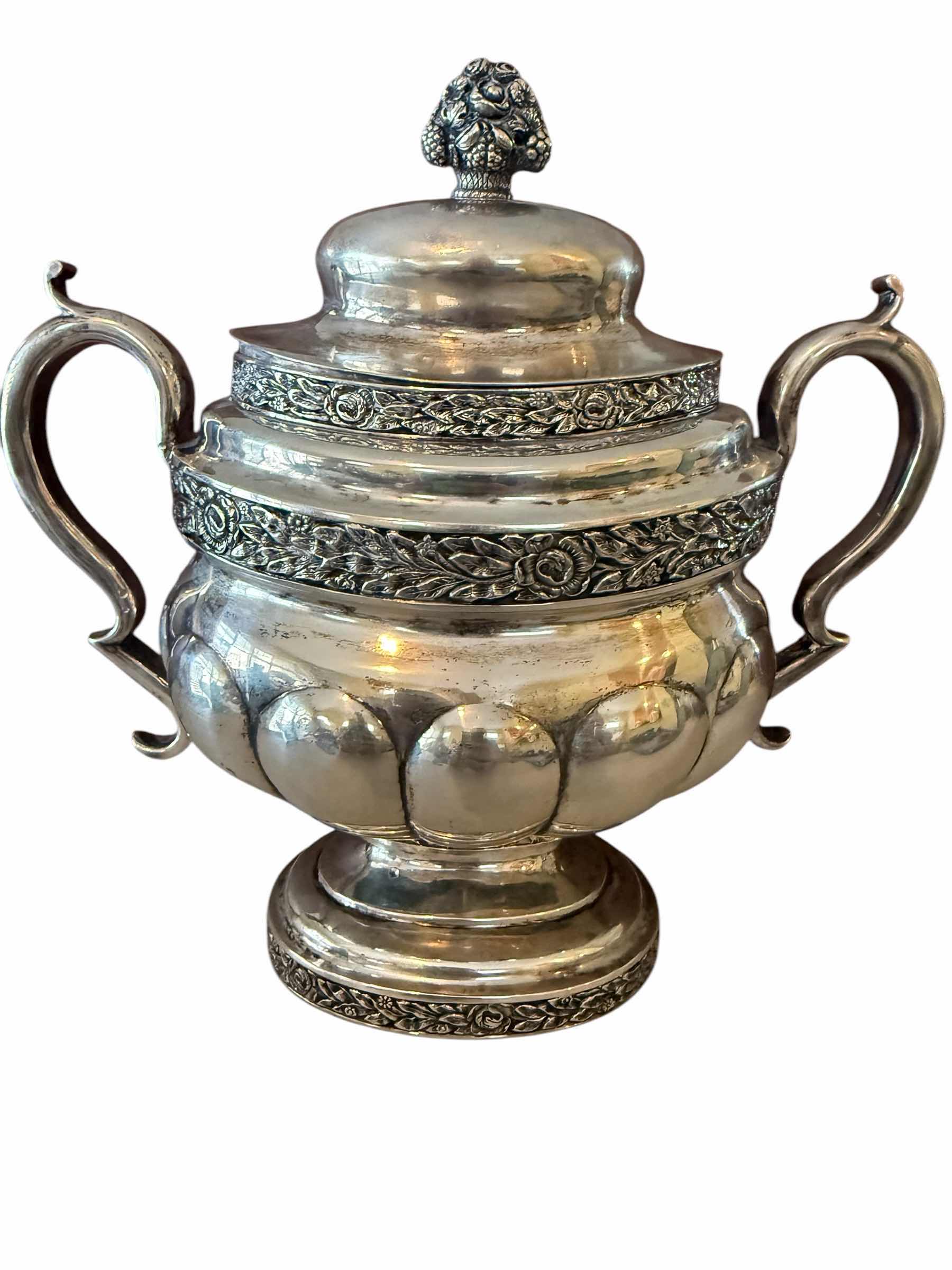 Photo 1 of ANTIQUE J. CRAWFORD COIN SILVER CIRCA 1825 "Sheaf of Wheat" SUGAR BOWL  H10” x 9” -TOTAL WEIGHT 1.8 lbs