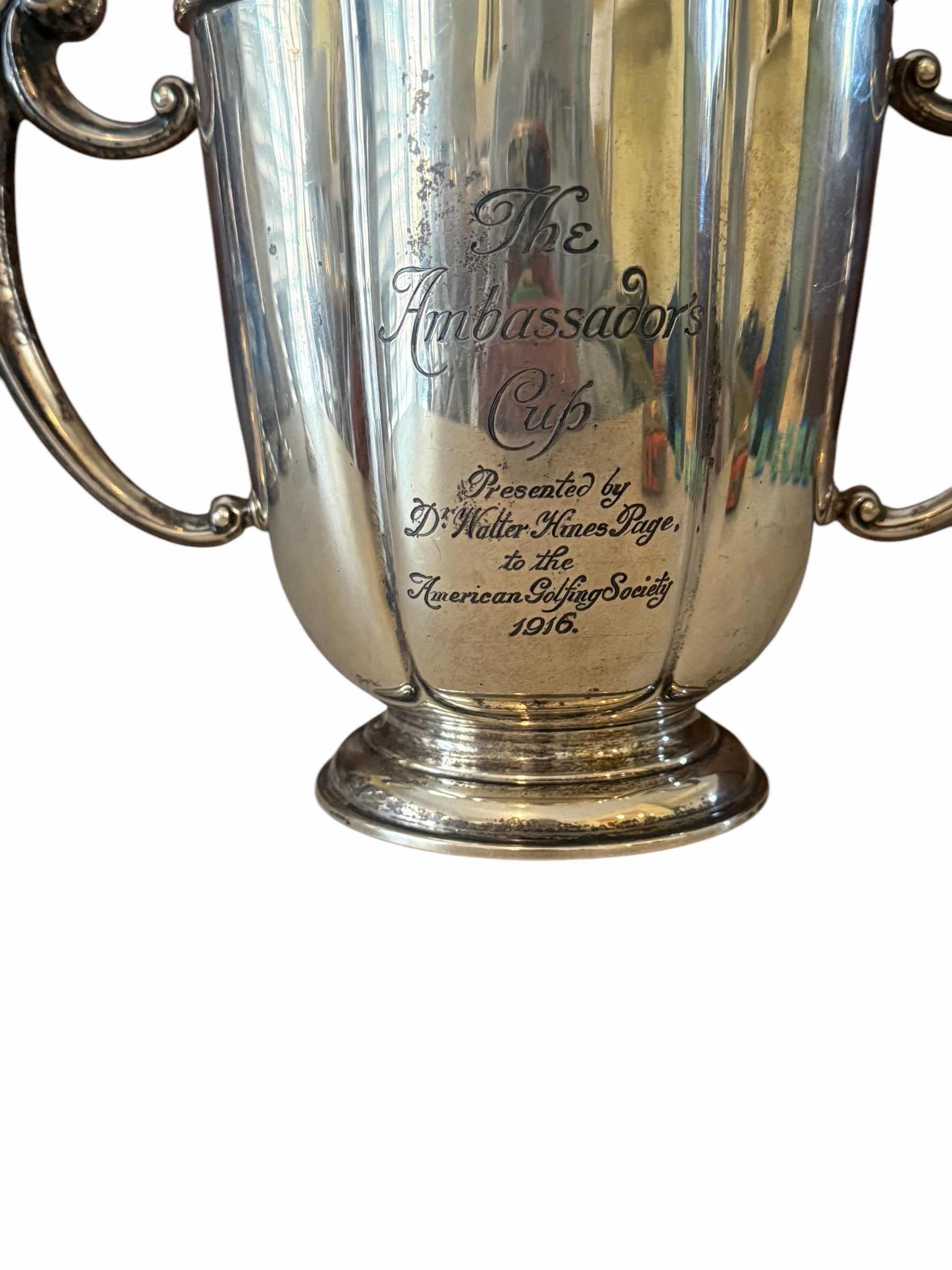 Photo 1 of ANTIQUE 1916 COIN SILVER “THE AMBASSADOR CUP” LIDDED W ENGRAVING W9” H9” 2.8 lbs