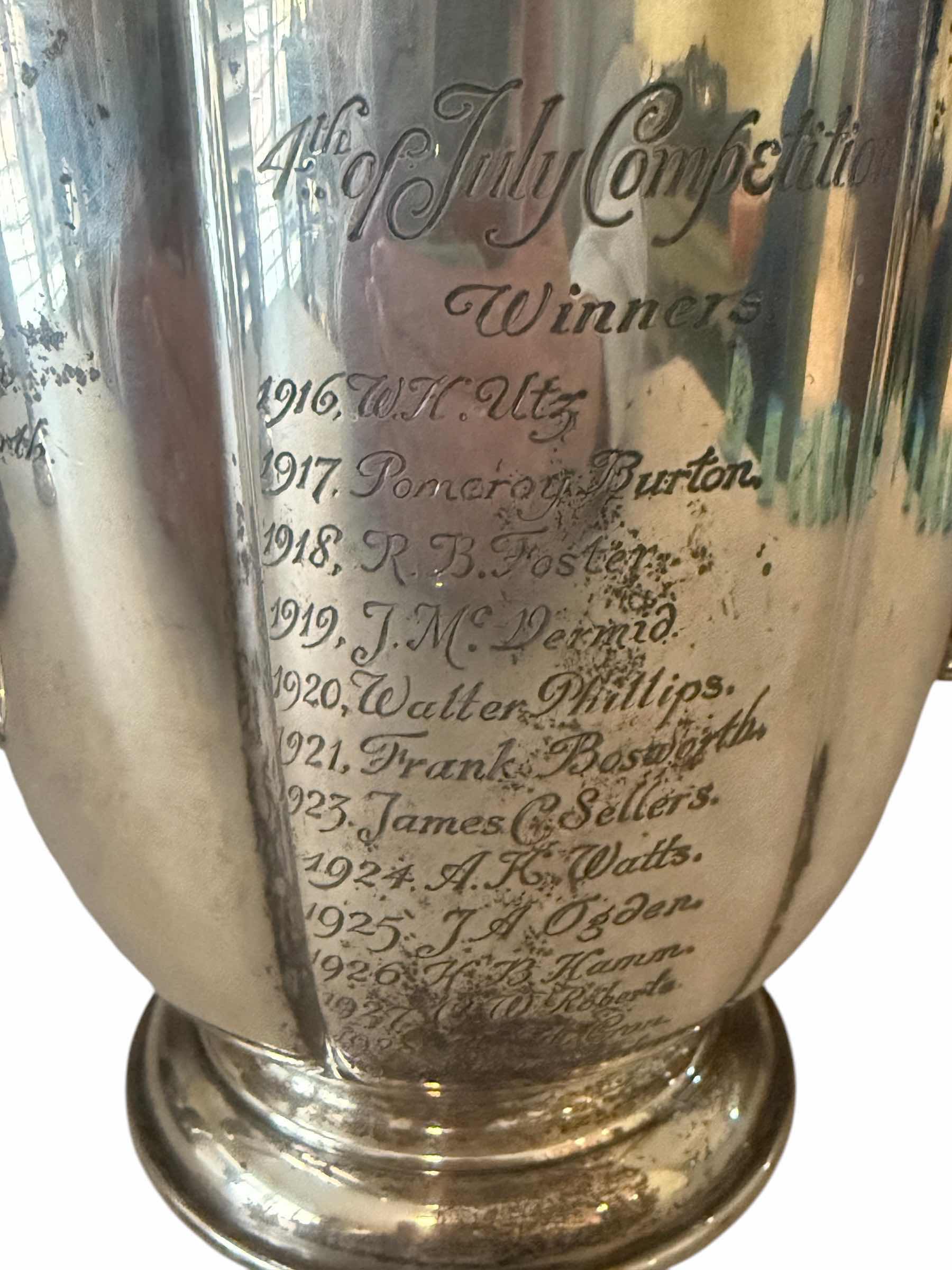 Photo 1 of ANTIQUE 1916 COIN SILVER “THE AMBASSADOR CUP” LIDDED W ENGRAVING W9” H9” 2.8 lbs