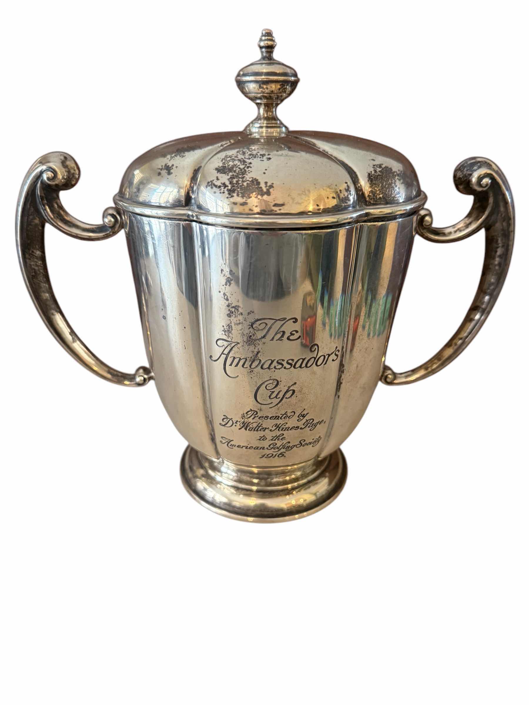 Photo 1 of ANTIQUE 1916 COIN SILVER “THE AMBASSADOR CUP” LIDDED W ENGRAVING W9” H9” 2.8 lbs