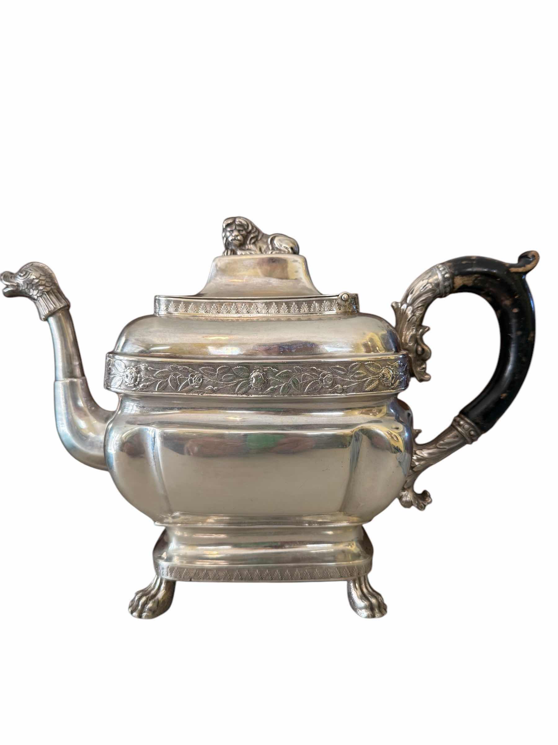 Photo 1 of ANTIQUE 1868 COIN SILVER LION FINIAL TEAPOT/COFFEE POT W WOOD HANDLE-TOTAL WEIGHT 2.5 lbs 