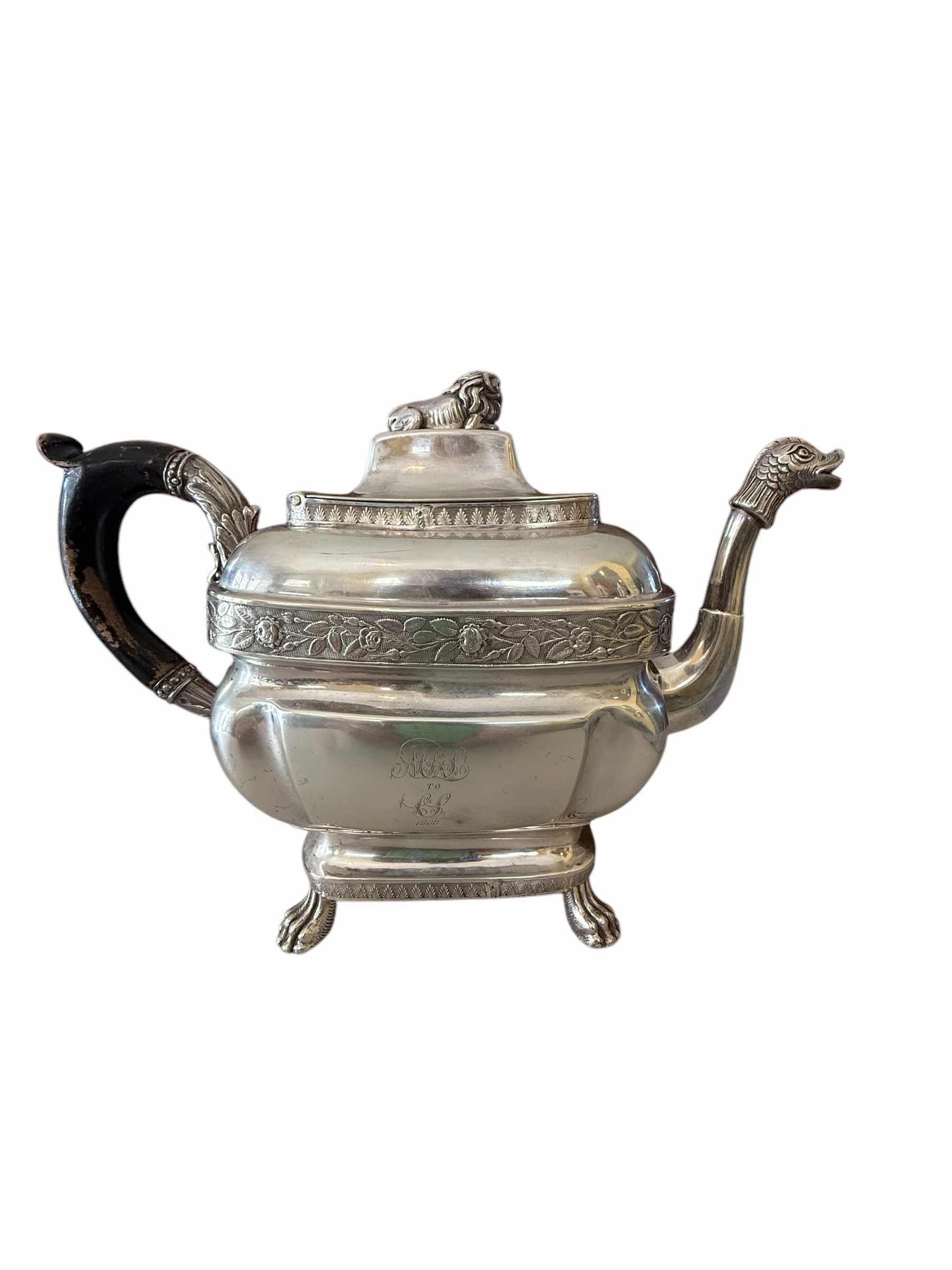 Photo 2 of ANTIQUE 1868 COIN SILVER LION FINIAL TEAPOT/COFFEE POT W WOOD HANDLE-TOTAL WEIGHT 2.5 lbs 
