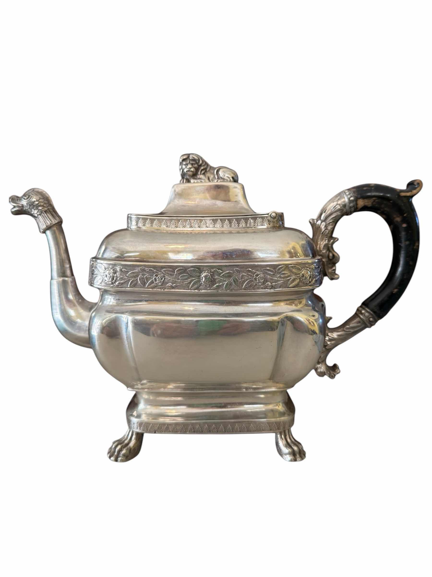 Photo 3 of ANTIQUE 1868 COIN SILVER LION FINIAL TEAPOT/COFFEE POT W WOOD HANDLE-TOTAL WEIGHT 2.5 lbs 