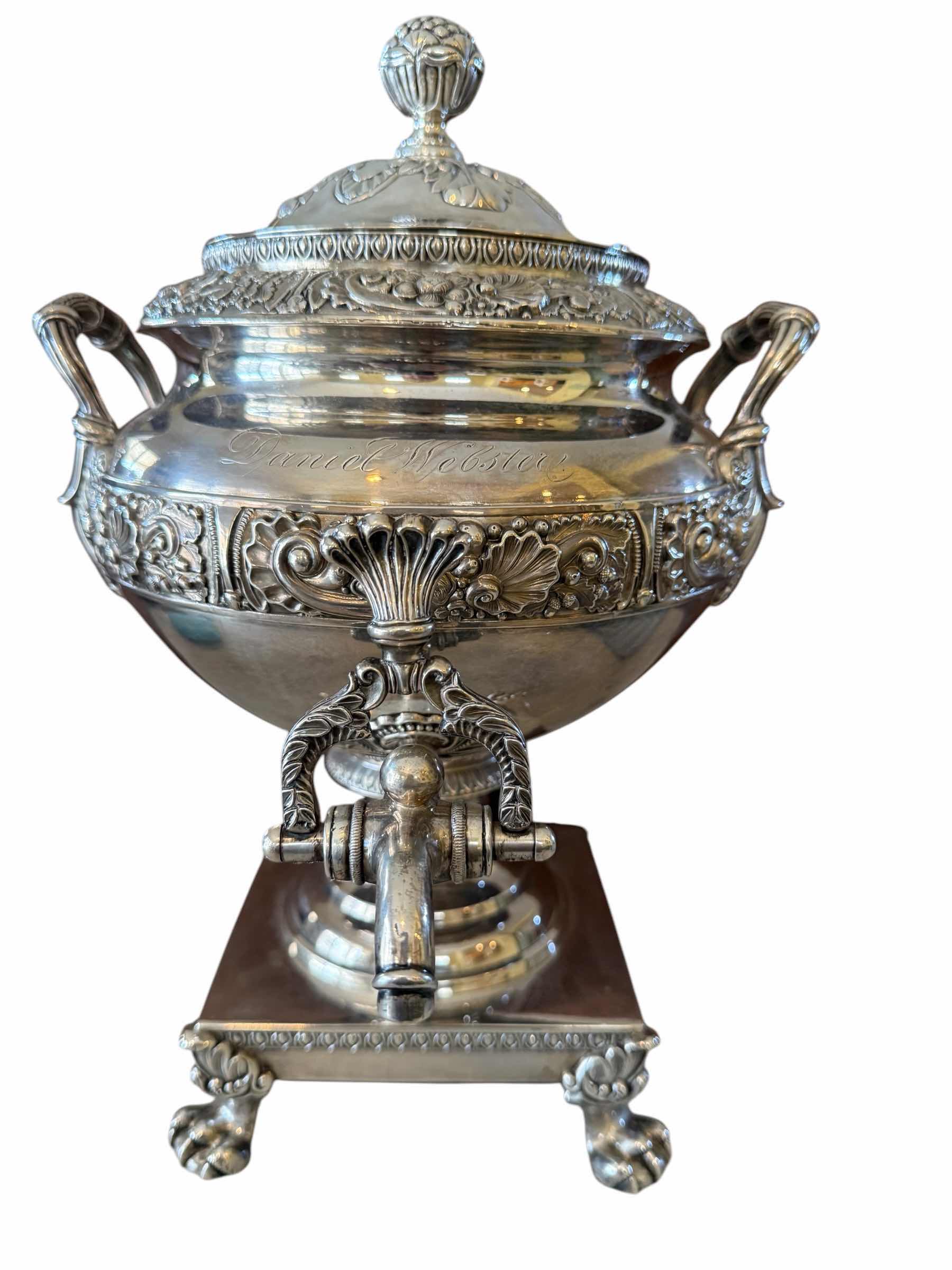 Photo 1 of THOMAS FLETCHER AND SIDNEY GARDINER 19th CENTURY SILVER-PLATED TEA URN SAMOVAR (The inscription "Daniel Webster") H14”-TOTAL WEIGHT 6.7lbs