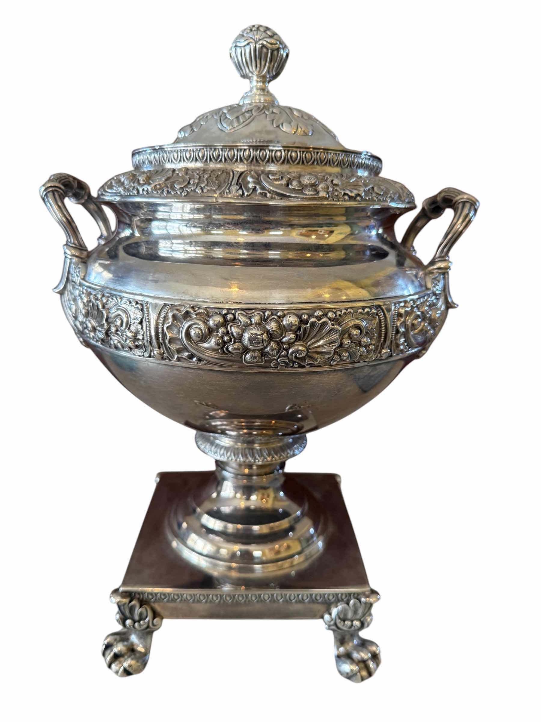 Photo 1 of THOMAS FLETCHER AND SIDNEY GARDINER 19th CENTURY SILVER-PLATED TEA URN SAMOVAR (The inscription "Daniel Webster") H14”-TOTAL WEIGHT 6.7lbs