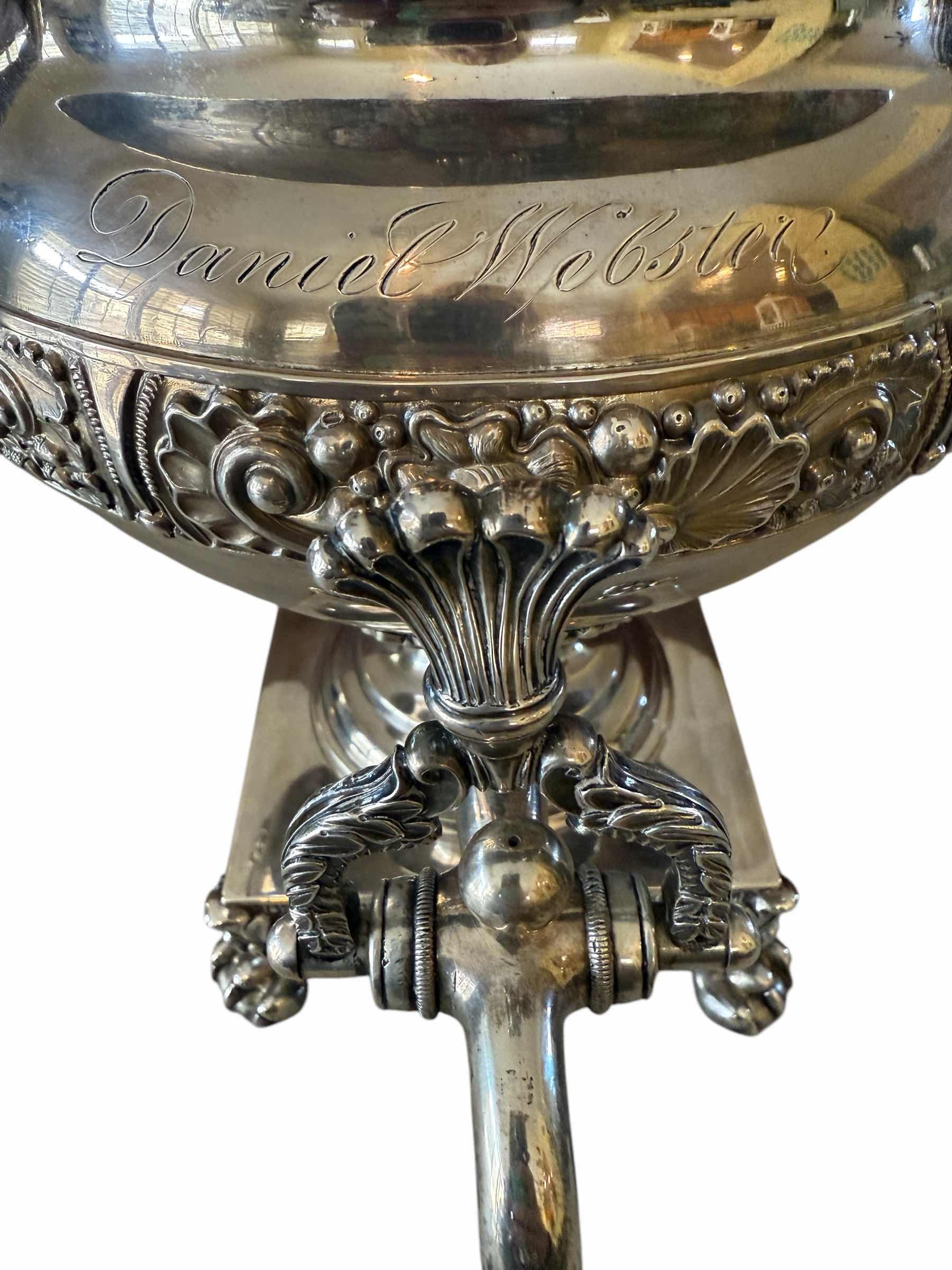 Photo 1 of THOMAS FLETCHER AND SIDNEY GARDINER 19th CENTURY SILVER-PLATED TEA URN SAMOVAR (The inscription "Daniel Webster") H14”-TOTAL WEIGHT 6.7lbs