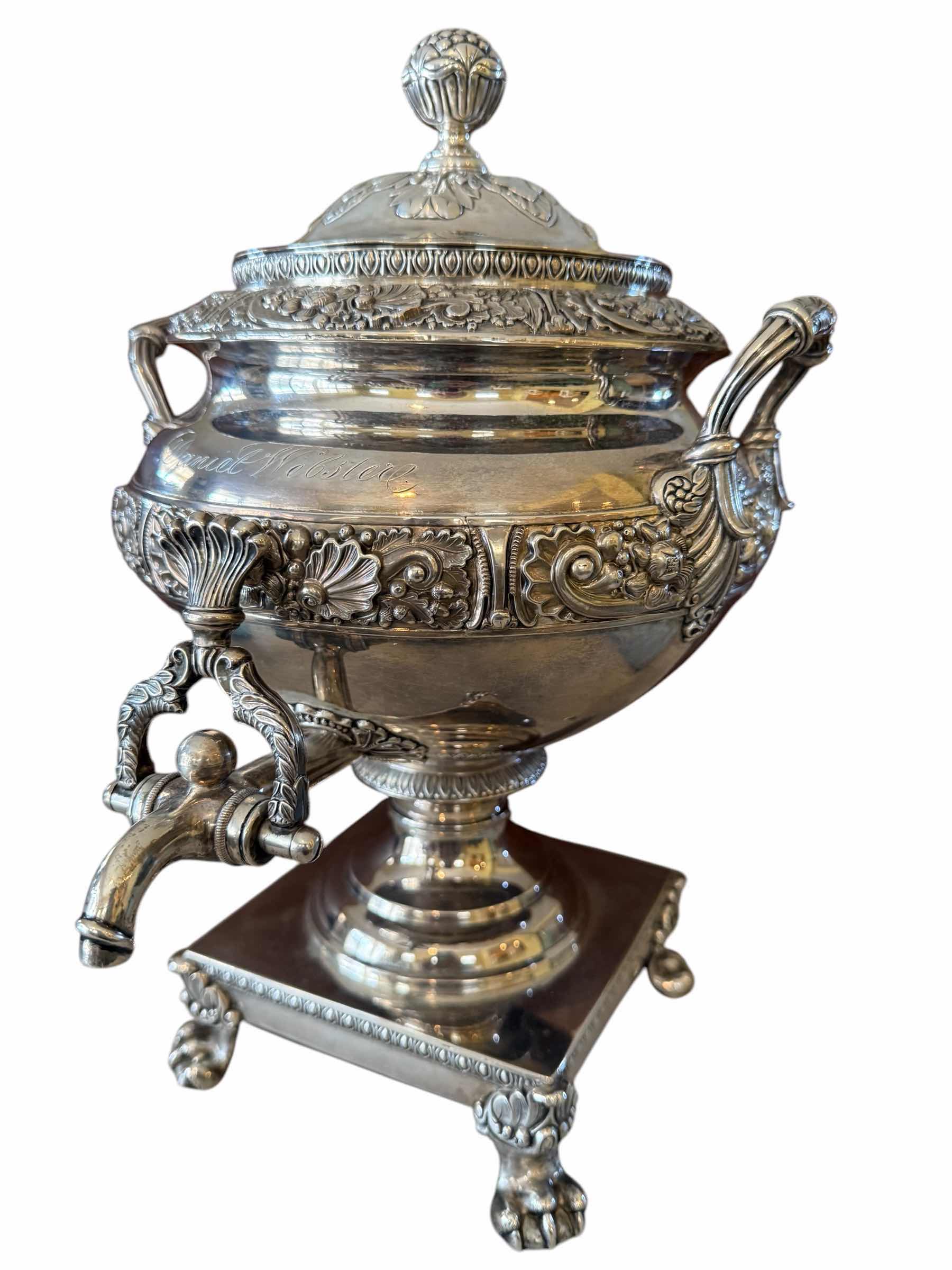Photo 1 of THOMAS FLETCHER AND SIDNEY GARDINER 19th CENTURY SILVER-PLATED TEA URN SAMOVAR (The inscription "Daniel Webster") H14”-TOTAL WEIGHT 6.7lbs