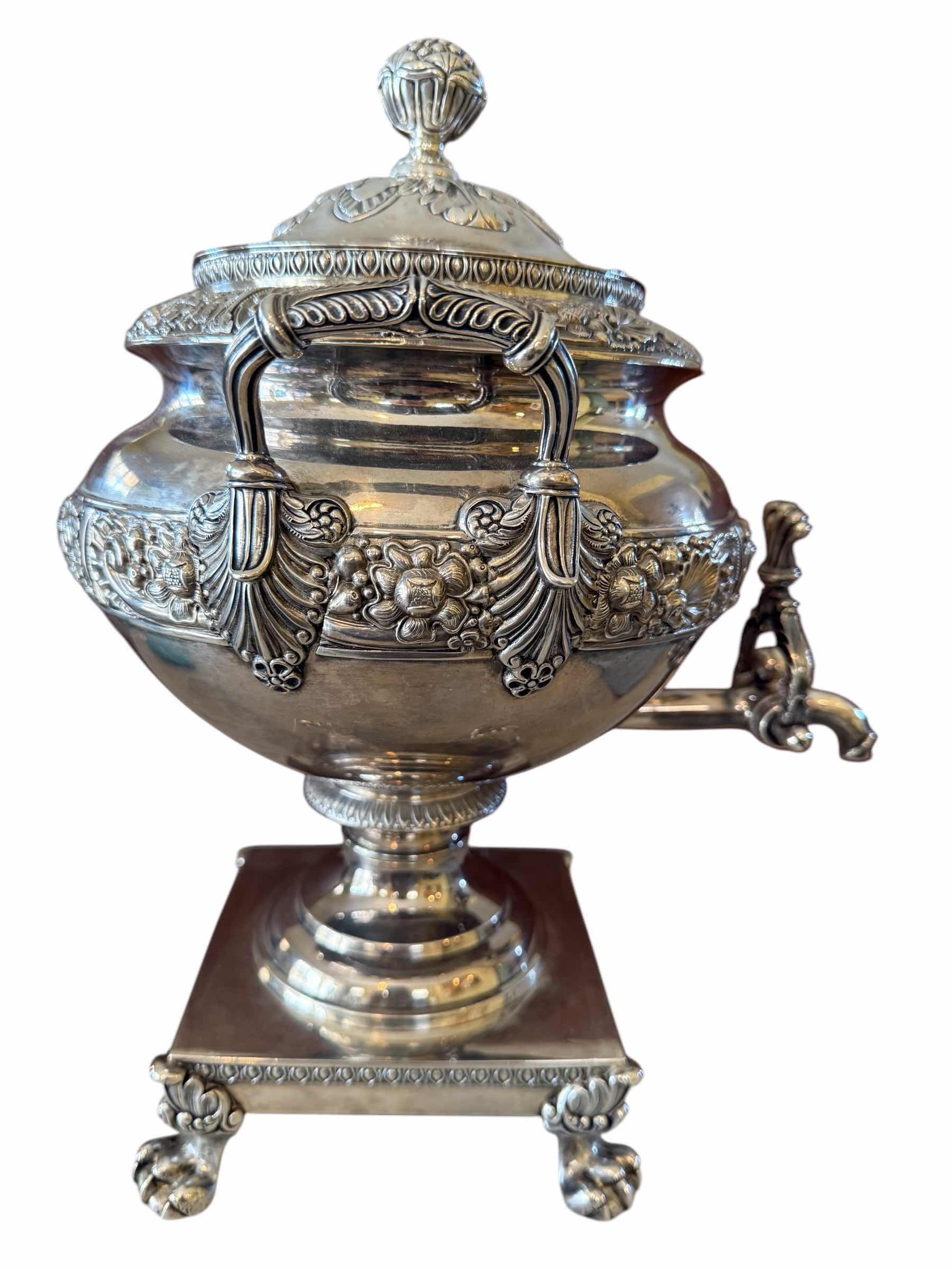 Photo 1 of THOMAS FLETCHER AND SIDNEY GARDINER 19th CENTURY SILVER-PLATED TEA URN SAMOVAR (The inscription "Daniel Webster") H14”-TOTAL WEIGHT 6.7lbs