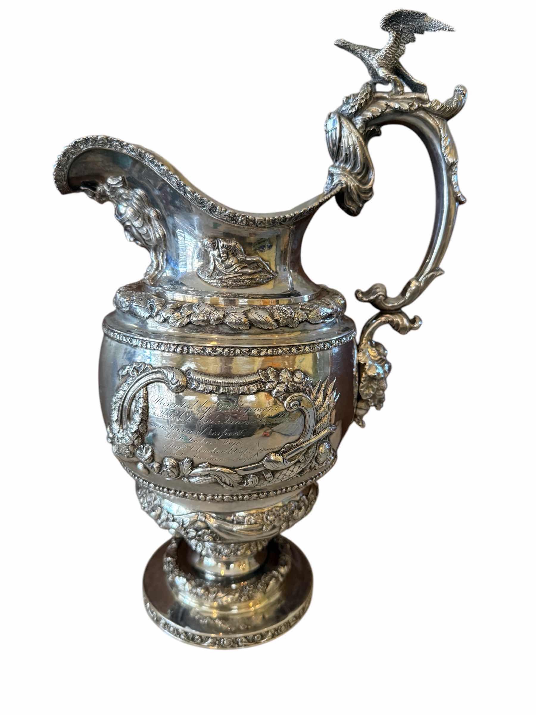 Photo 1 of ANTIQUE RARE I.W FORBES COIN SILVER CLARET JUG CIRCA 1835 H14” W9”-TOTAL WEIGHT 2.9 lbs