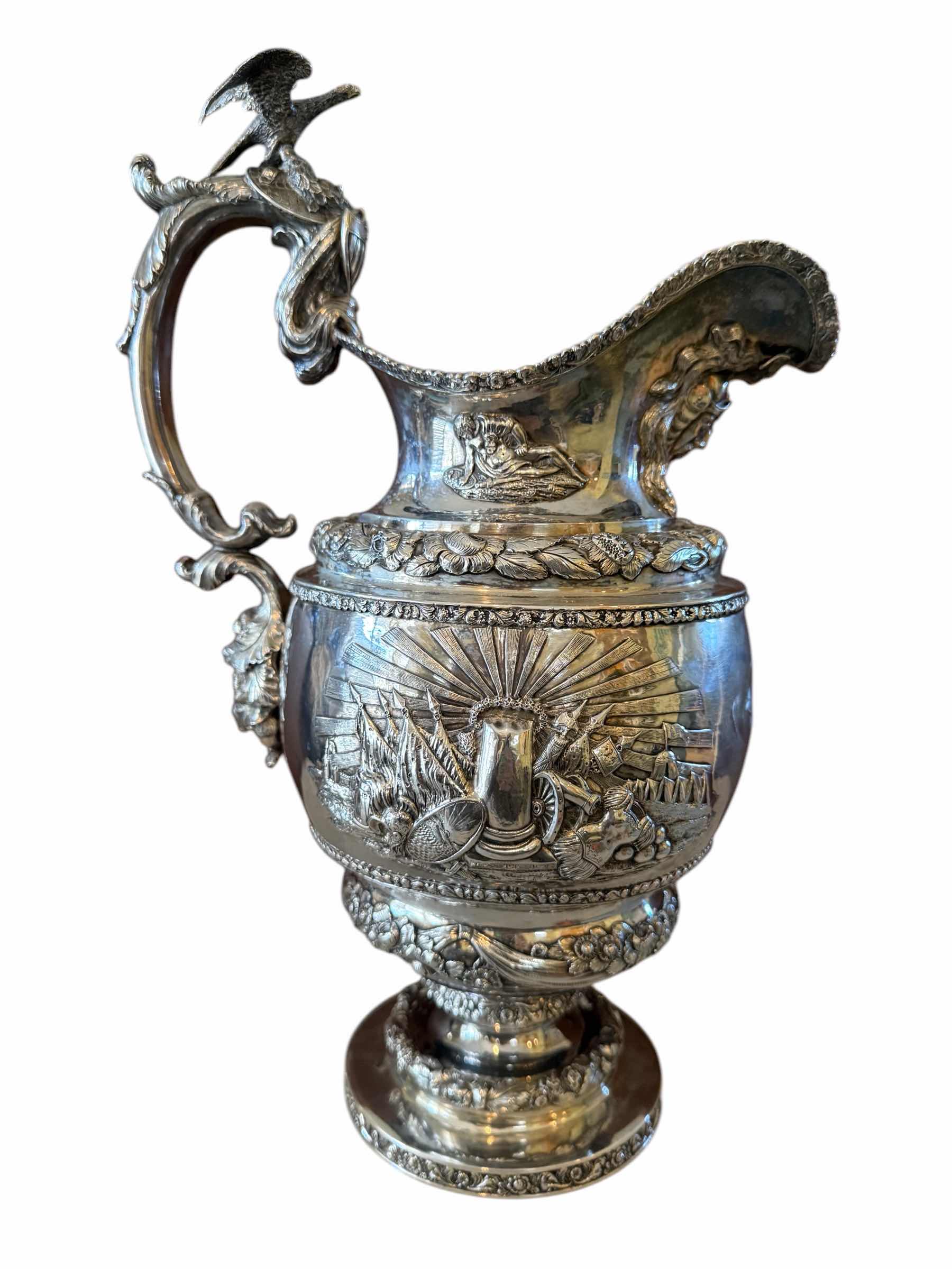 Photo 1 of ANTIQUE RARE I.W FORBES COIN SILVER CLARET JUG CIRCA 1835 H14” W9”-TOTAL WEIGHT 2.9 lbs