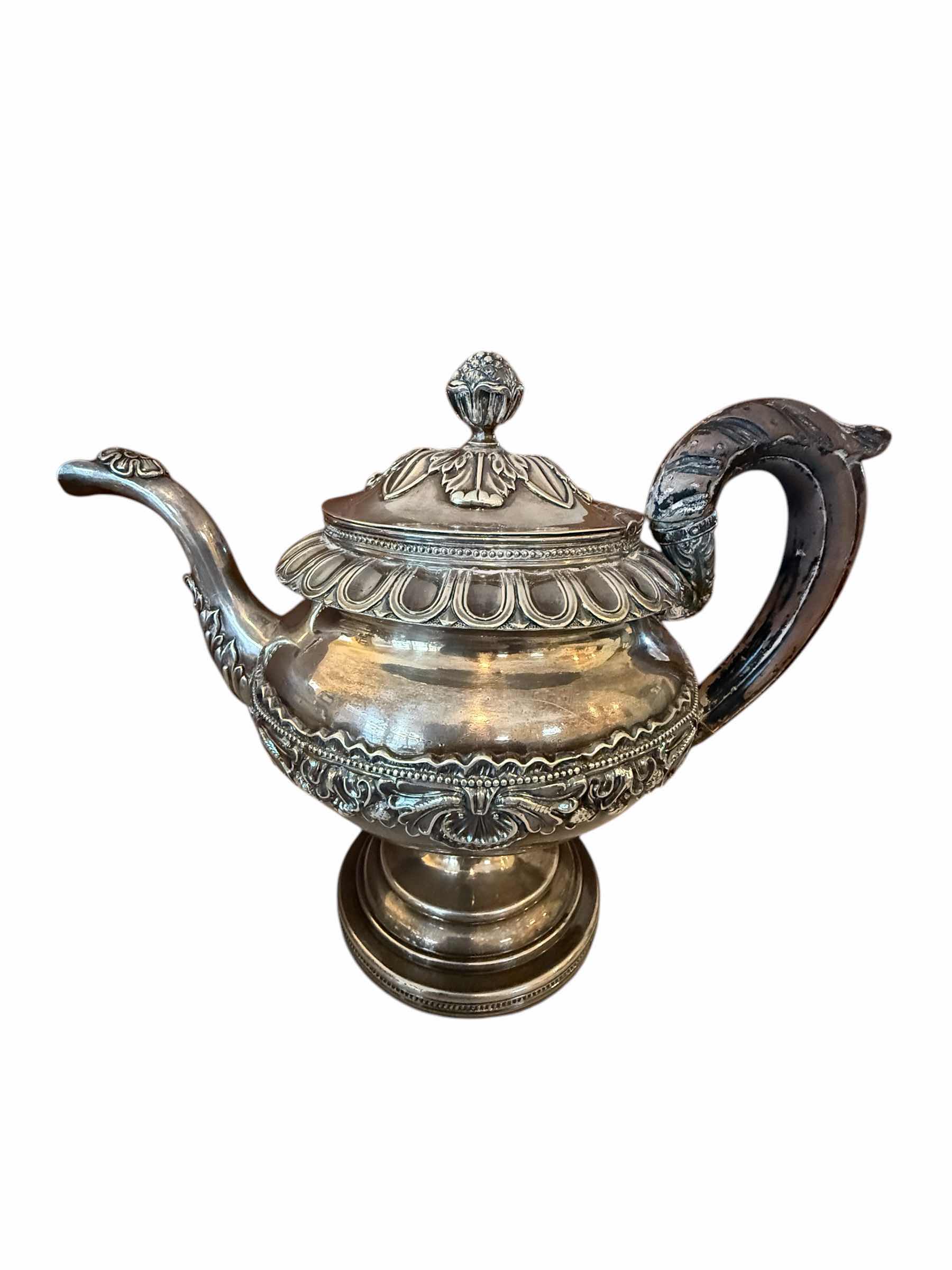 Photo 1 of 1800’s ANTIQUE RARE FLETCHER & GARDINER COIN SILVER TEAPOT W ACORN FINIAL & OPEN MOUTHED EAGLE SPOUT W WOOD CARVED HANDLE W11” H12” WEIGHT 3.2 