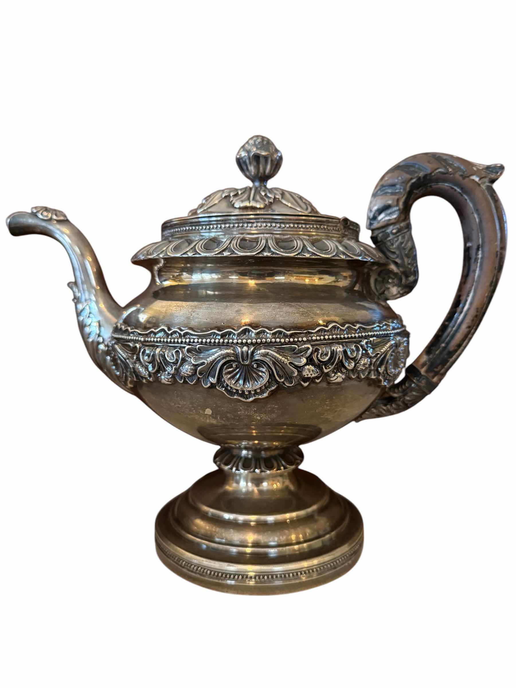 Photo 1 of 1800’s ANTIQUE RARE FLETCHER & GARDINER COIN SILVER TEAPOT W ACORN FINIAL & OPEN MOUTHED EAGLE SPOUT W WOOD CARVED HANDLE W11” H12” WEIGHT 3.2 