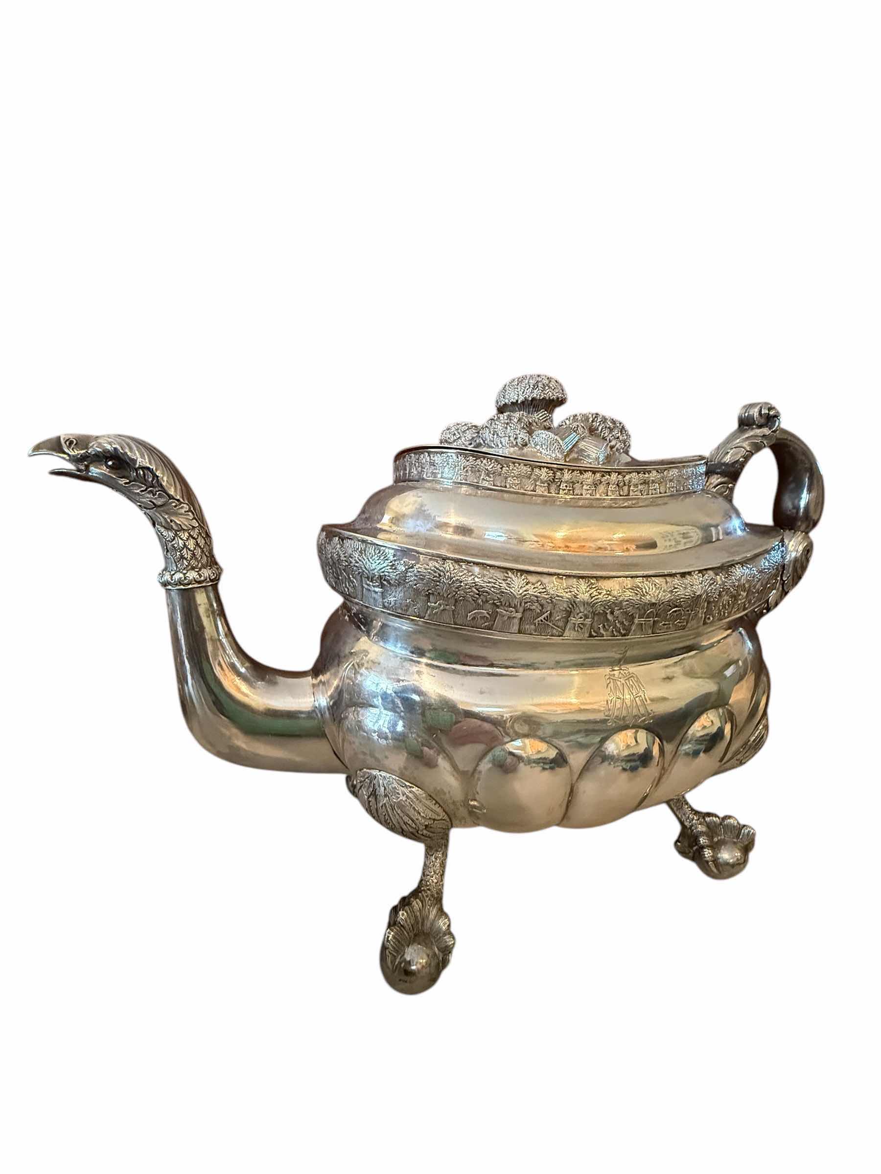 Photo 1 of ANTIQUE MID 19th CENTURY COIN SILVER TEAPOT W12” H8” WEIGHT 2.6lbs