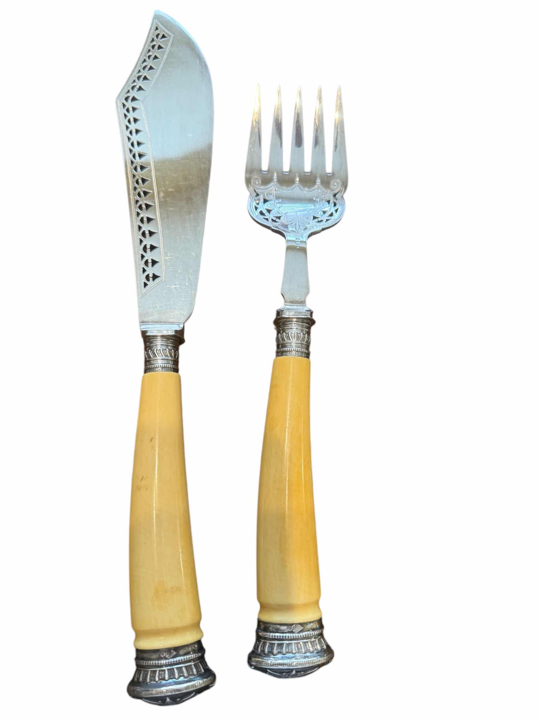 Photo 1 of ANTIQUE SILVER W BONE HANDLE FISH/BREAD FORK L10" & KNIFE L13”  