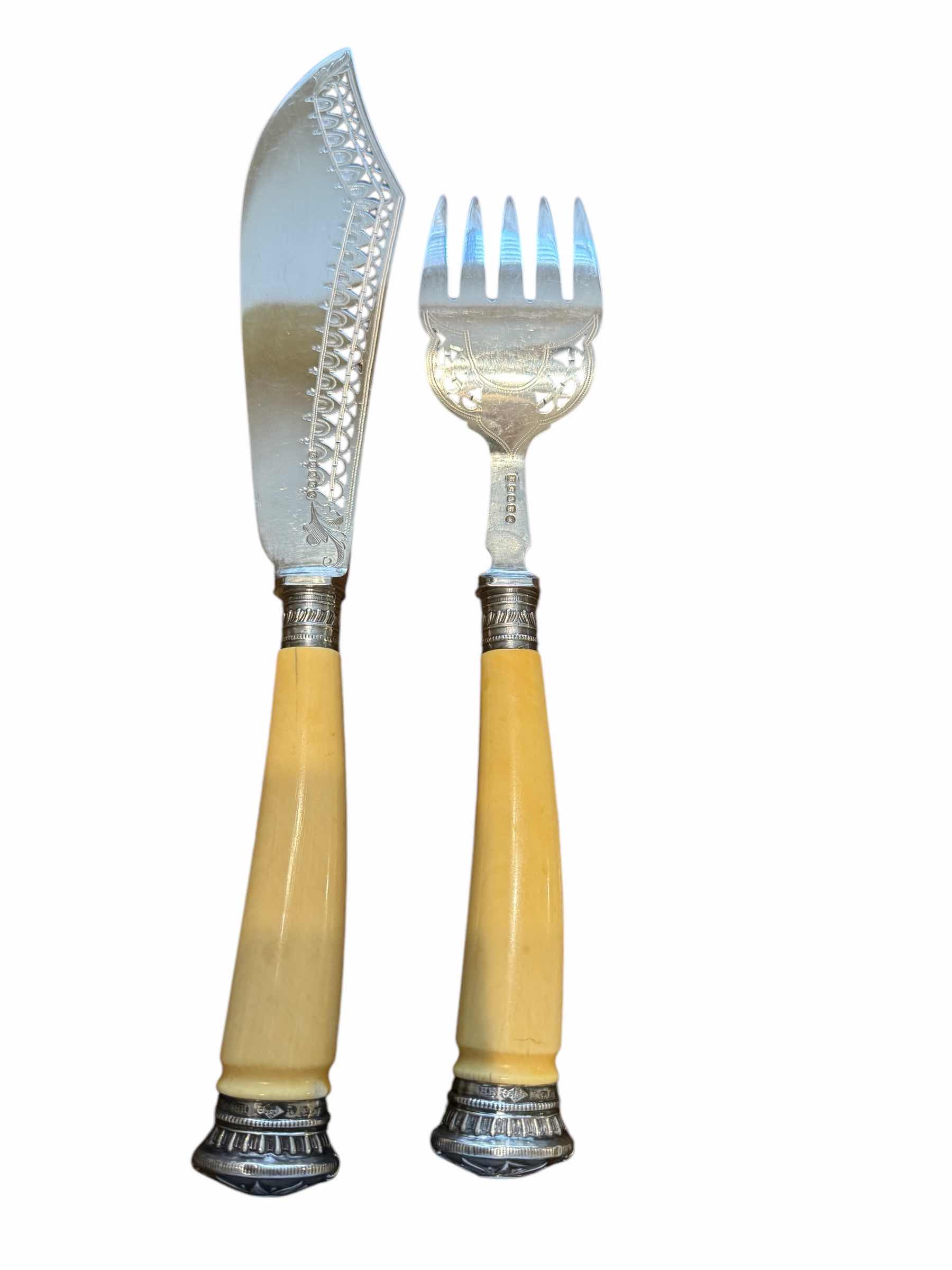 Photo 1 of ANTIQUE SILVER W BONE HANDLE FISH/BREAD FORK L10" & KNIFE L13”  