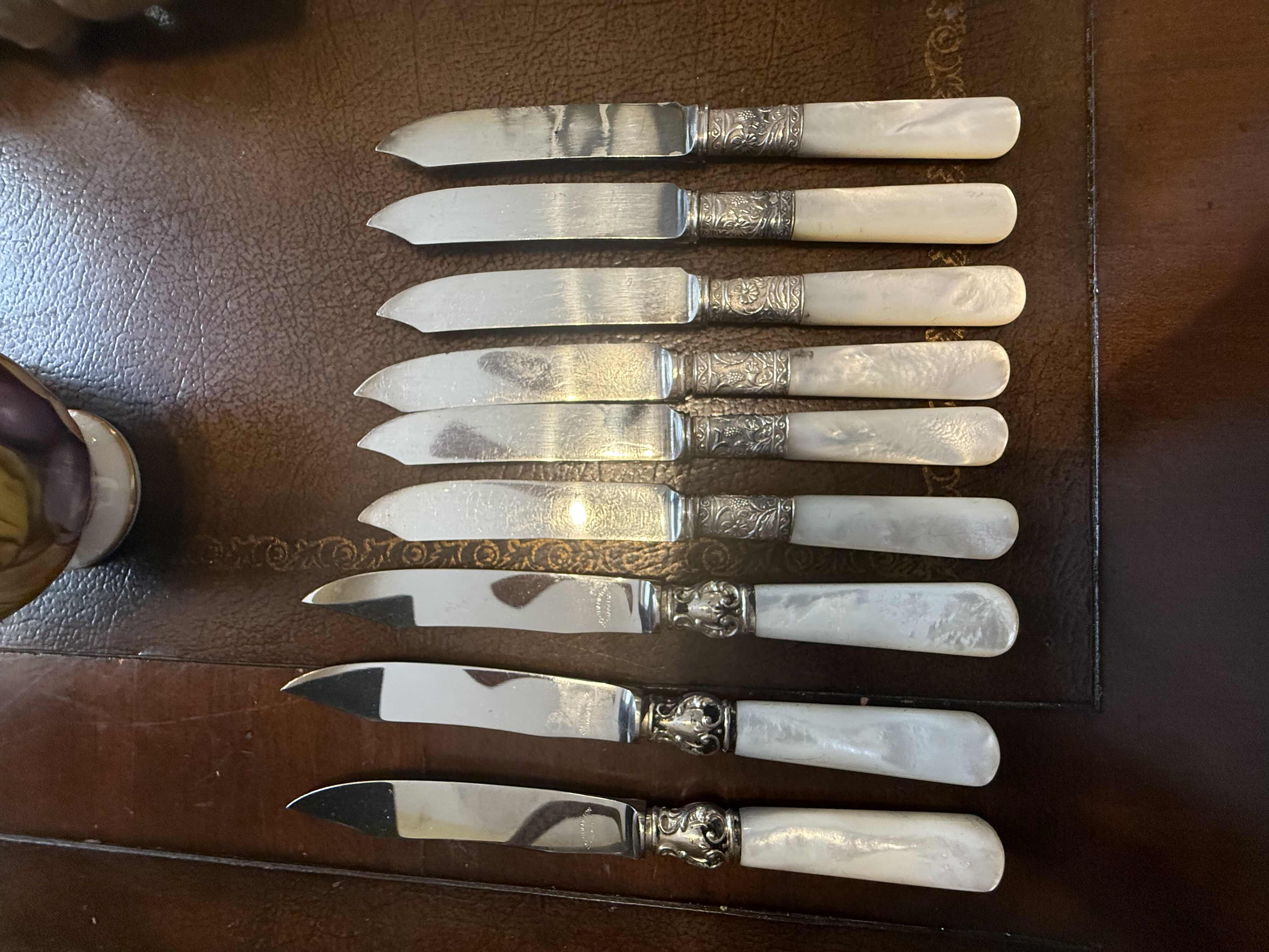 Photo 1 of 9-ANTIQUE MOTHER OF PEARL W STERLING SILVER FRUIT KNIVES